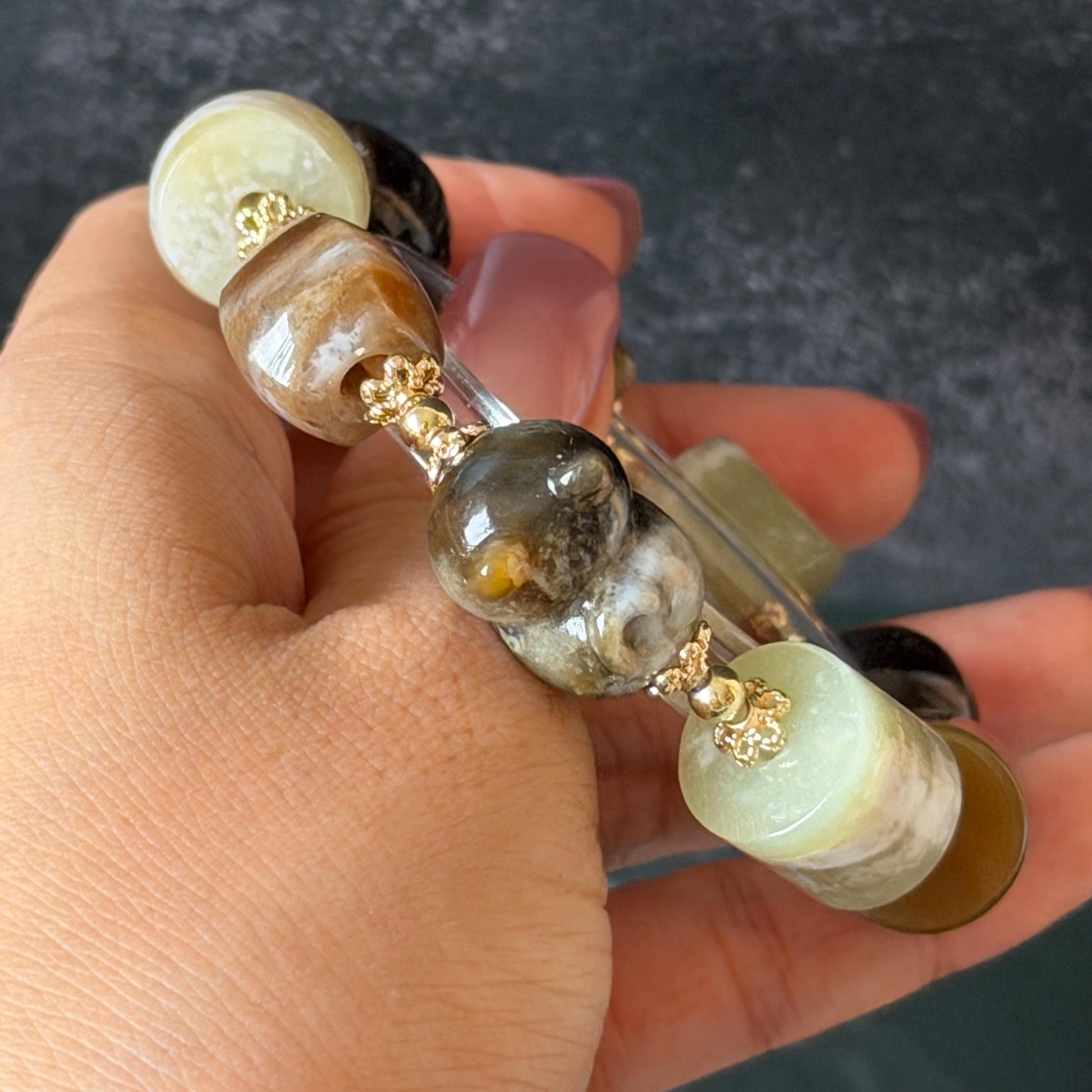 Nephrite Jade Hand Carved Cat Kitten Charm Bracelet | Milk Tea & Cookies Collection | Untreated Natural White Jade Brown Jade Elastic Big Bead Bracelet Chinese Jade Vintage Bracelet Antique Bracelet Gift for her Flexible Bracelet with honey brown jade deep brown jade white jade 14k gold plated accessory nephrite beads bold bracelet irregular beads bracelet tailor made bracelet customized bracelet diy bracelet hand engraved cat carving handcrafted kitten carving cat lover gift