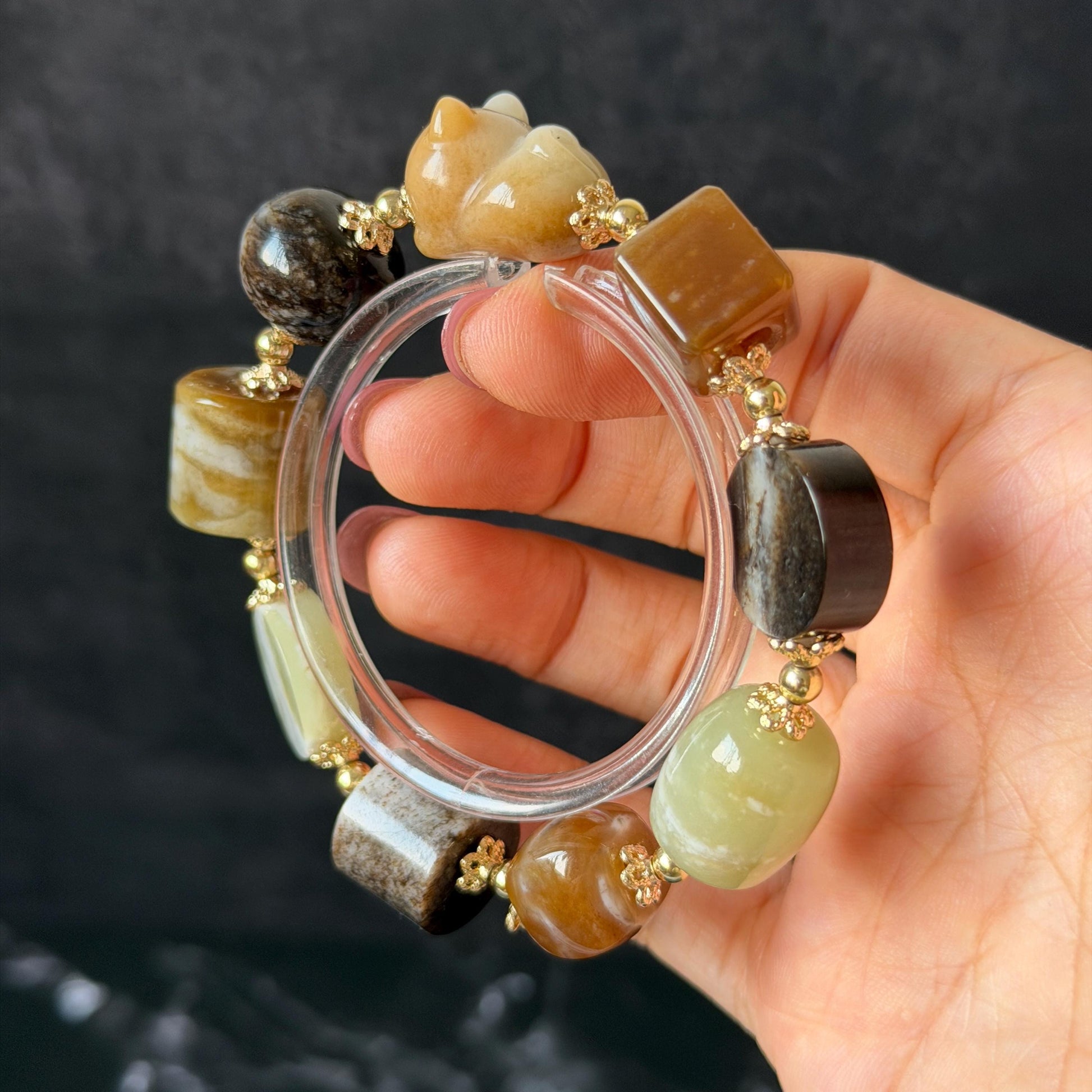 Nephrite Jade Hand Carved Cat Kitten Charm Bracelet | Milk Tea & Cookies Collection | Untreated Natural White Jade Brown Jade Elastic Big Bead Bracelet Chinese Jade Vintage Bracelet Antique Bracelet Gift for her Flexible Bracelet with honey brown jade deep brown jade white jade 14k gold plated accessory nephrite beads bold bracelet irregular beads bracelet tailor made bracelet customized bracelet diy bracelet hand engraved cat carving handcrafted kitten carving cat lover gift