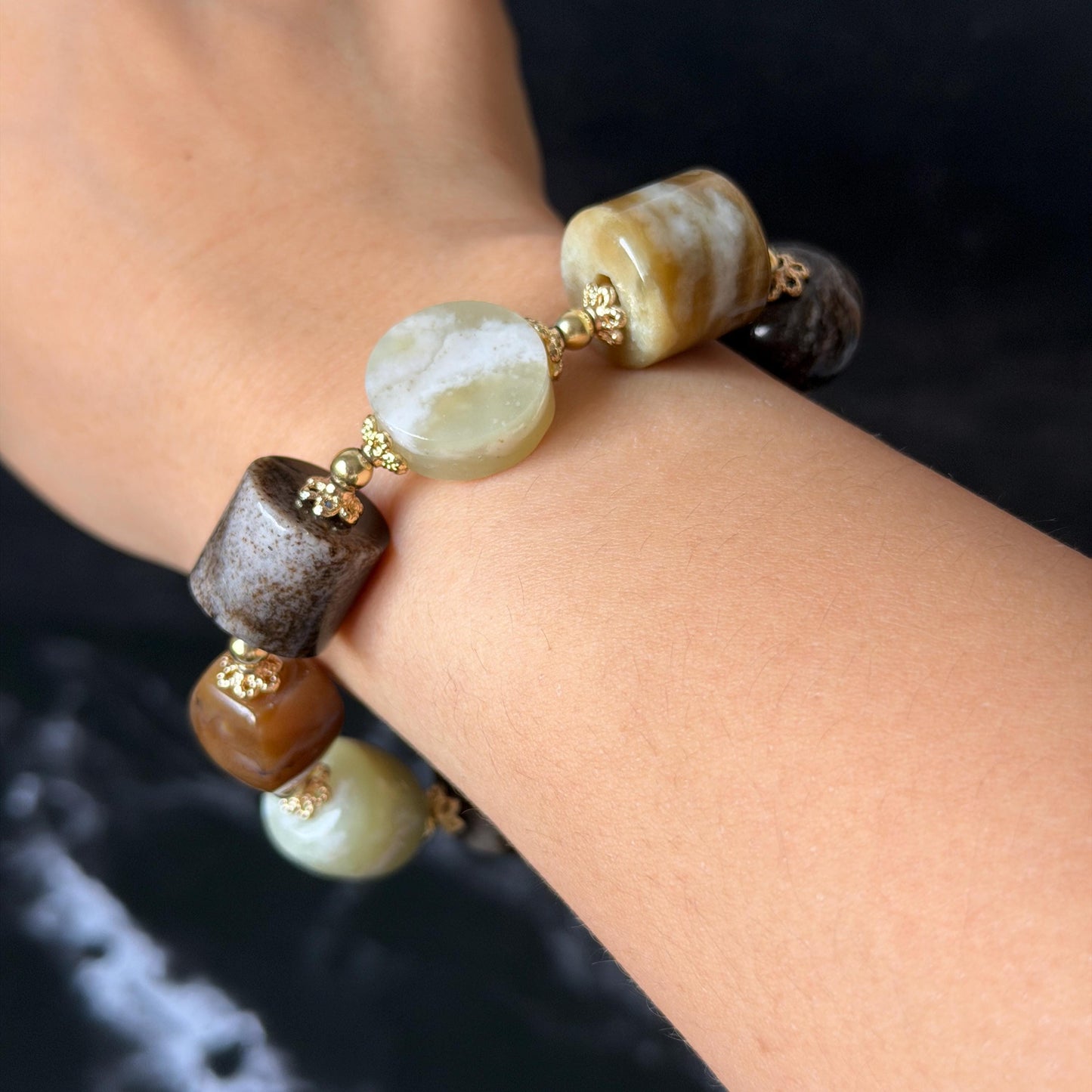 Nephrite Jade Hand Carved Cat Kitten Charm Bracelet | Milk Tea & Cookies Collection | Untreated Natural White Jade Brown Jade Elastic Big Bead Bracelet Chinese Jade Vintage Bracelet Antique Bracelet Gift for her Flexible Bracelet with honey brown jade deep brown jade white jade 14k gold plated accessory nephrite beads bold bracelet irregular beads bracelet tailor made bracelet customized bracelet diy bracelet hand engraved cat carving handcrafted kitten carving cat lover gift