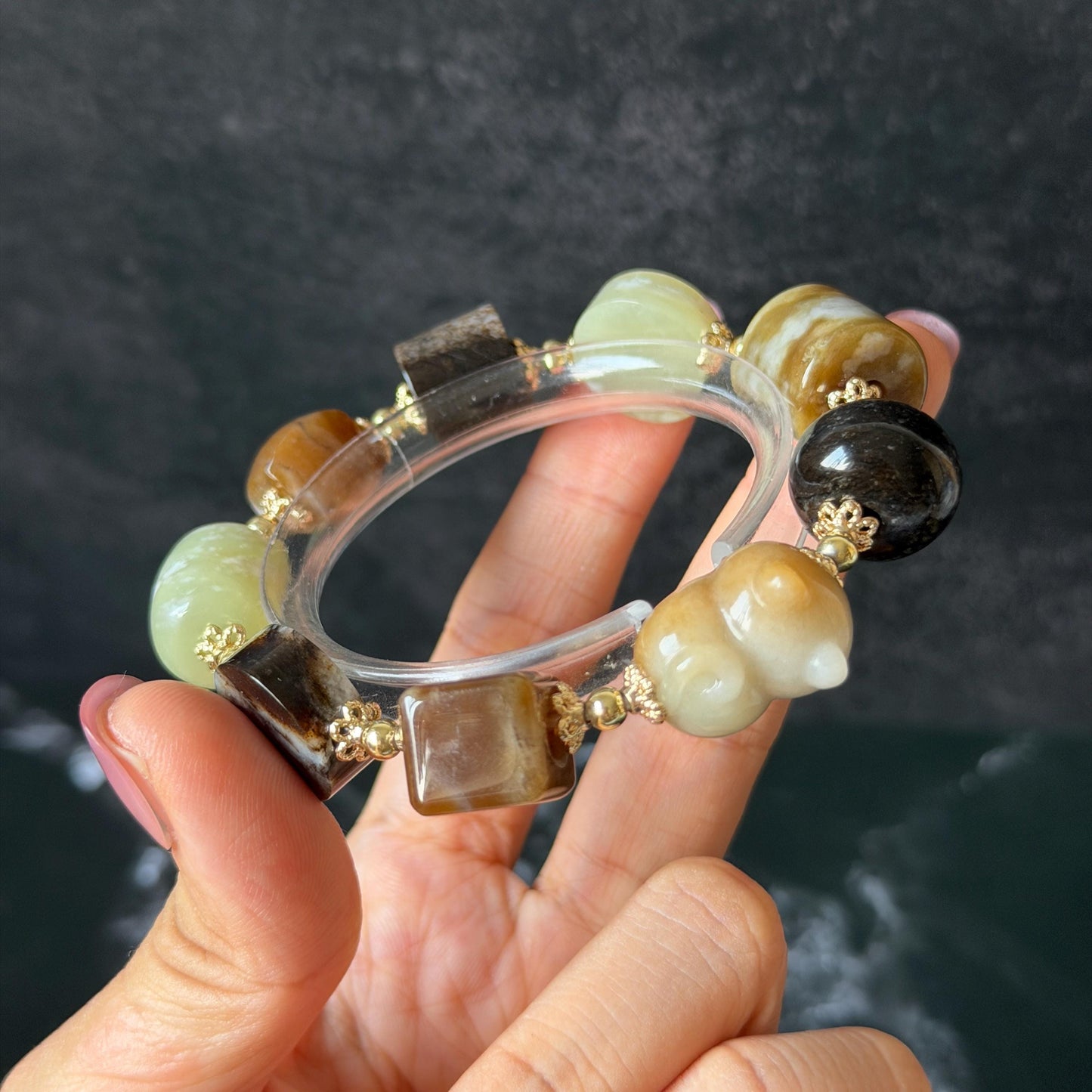 Nephrite Jade Hand Carved Cat Kitten Charm Bracelet | Milk Tea & Cookies Collection | Untreated Natural White Jade Brown Jade Elastic Big Bead Bracelet Chinese Jade Vintage Bracelet Antique Bracelet Gift for her Flexible Bracelet with honey brown jade deep brown jade white jade 14k gold plated accessory nephrite beads bold bracelet irregular beads bracelet tailor made bracelet customized bracelet diy bracelet hand engraved cat carving handcrafted kitten carving cat lover gift