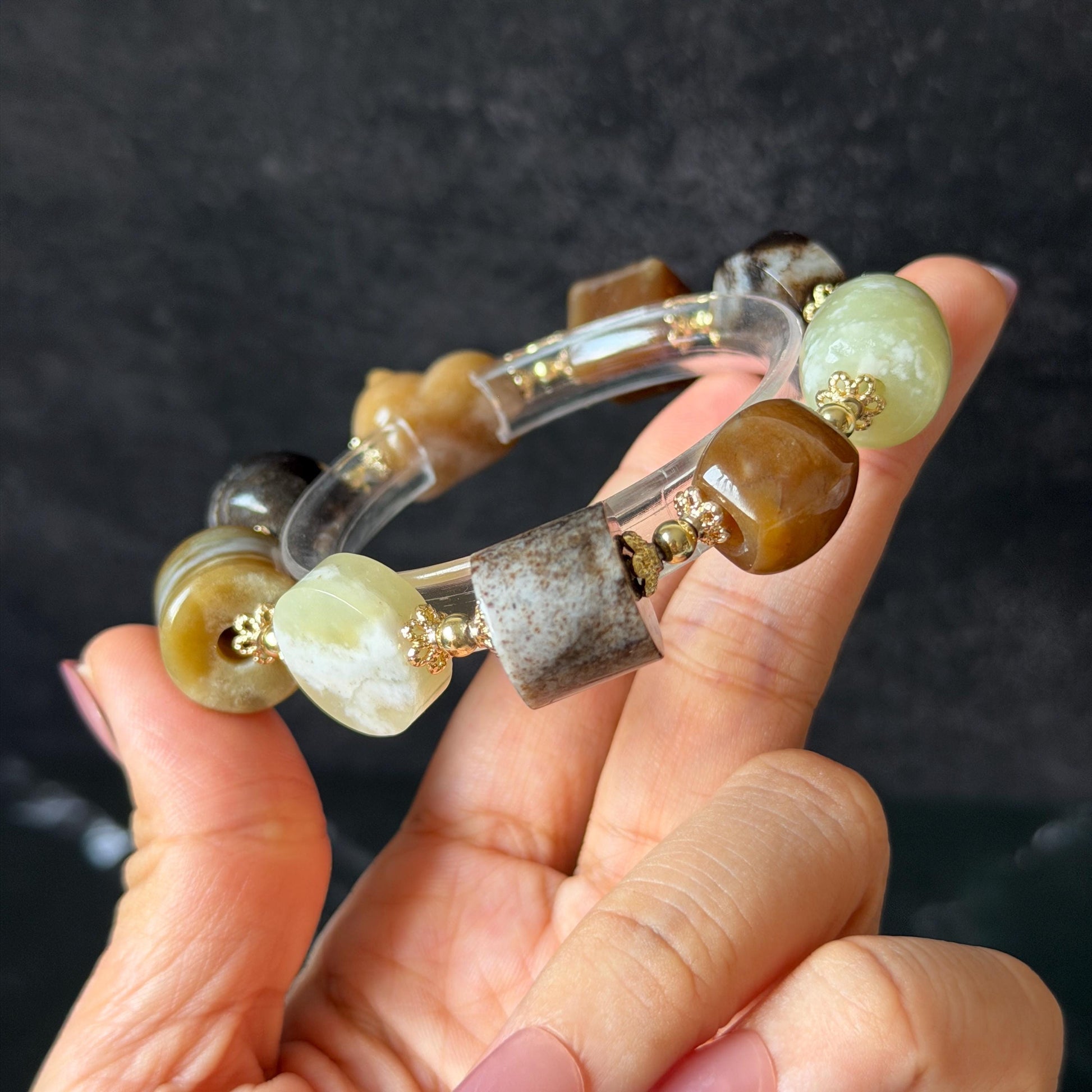 Nephrite Jade Hand Carved Cat Kitten Charm Bracelet | Milk Tea & Cookies Collection | Untreated Natural White Jade Brown Jade Elastic Big Bead Bracelet Chinese Jade Vintage Bracelet Antique Bracelet Gift for her Flexible Bracelet with honey brown jade deep brown jade white jade 14k gold plated accessory nephrite beads bold bracelet irregular beads bracelet tailor made bracelet customized bracelet diy bracelet hand engraved cat carving handcrafted kitten carving cat lover gift