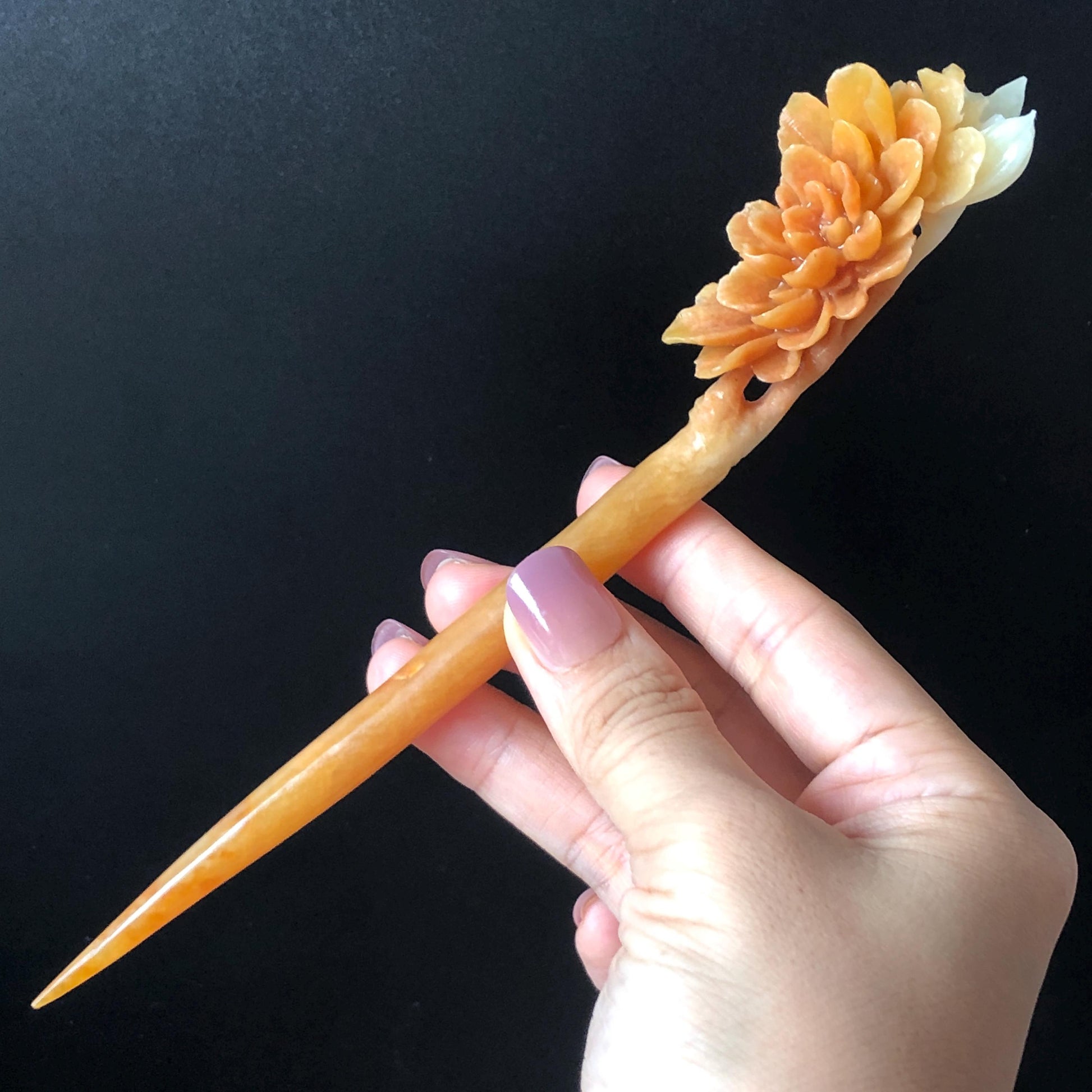 Xiu Jade Serpentine Hand Carved Peony Flower Hair Stick: Natural Untreated Bicolor White Red Jade Hairpin, Vintage Hanfu Hair Jewelry Gift for her Bridal Shower gift bridal hair clip wedding headpiece wedding hair jewelry bridal hair accessories red jade carving yellow jade hand engraved flower handcrafted hair stick japanese hairpins korean hair stick chinese hair comb antique hair fork hanfu hair pins certified untreated jade multicolor jade bicolor jade flower carving peony carving