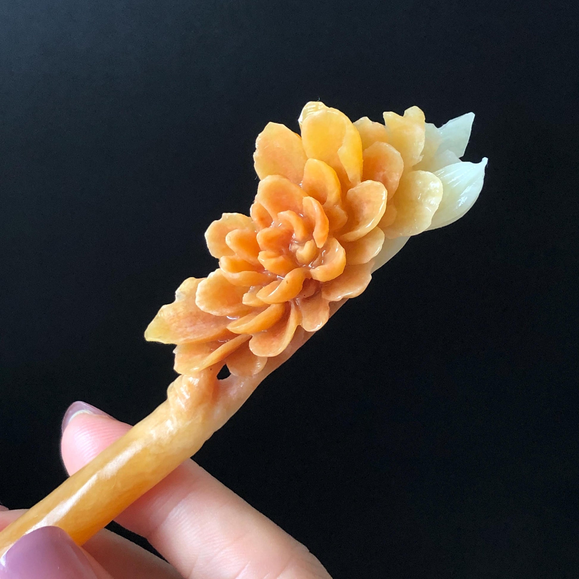 Xiu Jade Serpentine Hand Carved Peony Flower Hair Stick: Natural Untreated Bicolor White Red Jade Hairpin, Vintage Hanfu Hair Jewelry Gift for her Bridal Shower gift bridal hair clip wedding headpiece wedding hair jewelry bridal hair accessories red jade carving yellow jade hand engraved flower handcrafted hair stick japanese hairpins korean hair stick chinese hair comb antique hair fork hanfu hair pins certified untreated jade multicolor jade bicolor jade flower carving peony carving