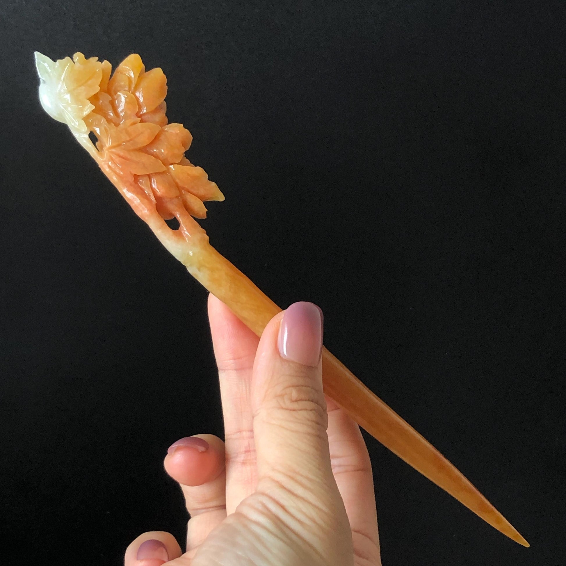 Xiu Jade Serpentine Hand Carved Peony Flower Hair Stick: Natural Untreated Bicolor White Red Jade Hairpin, Vintage Hanfu Hair Jewelry Gift for her Bridal Shower gift bridal hair clip wedding headpiece wedding hair jewelry bridal hair accessories red jade carving yellow jade hand engraved flower handcrafted hair stick japanese hairpins korean hair stick chinese hair comb antique hair fork hanfu hair pins certified untreated jade multicolor jade bicolor jade flower carving peony carving
