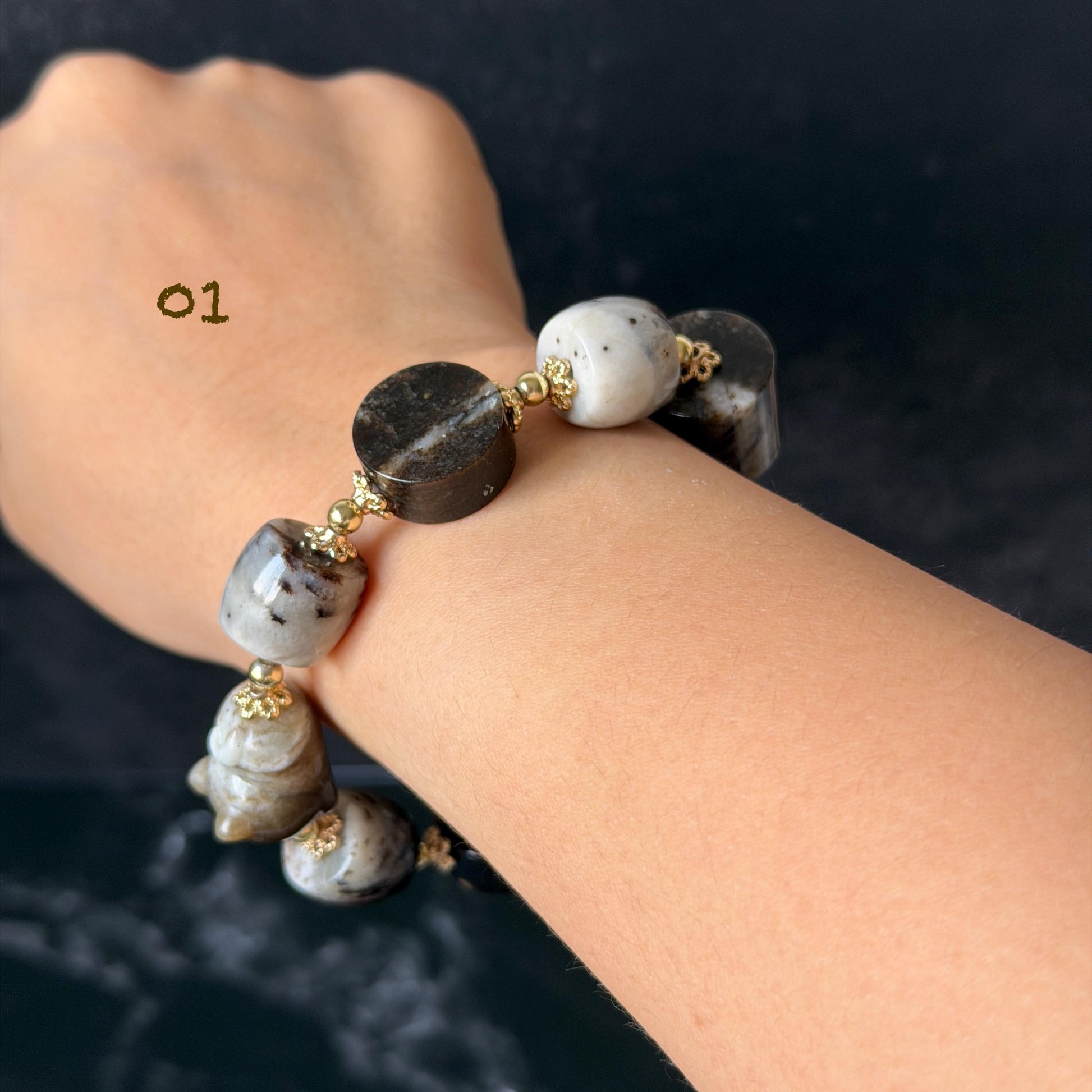 Nephrite Jade Hand Carved Cat Kitten Charm Bracelet | Milk Tea & Cookies Collection | Untreated Natural White Jade Brown Jade Elastic Big Bead Bracelet Chinese Jade Vintage Bracelet Antique Bracelet Gift for her Flexible Bracelet with honey brown jade deep brown jade white jade 14k gold plated accessory nephrite beads bold bracelet irregular beads bracelet tailor made bracelet customized bracelet diy bracelet hand engraved cat carving handcrafted kitten carving cat lover gift