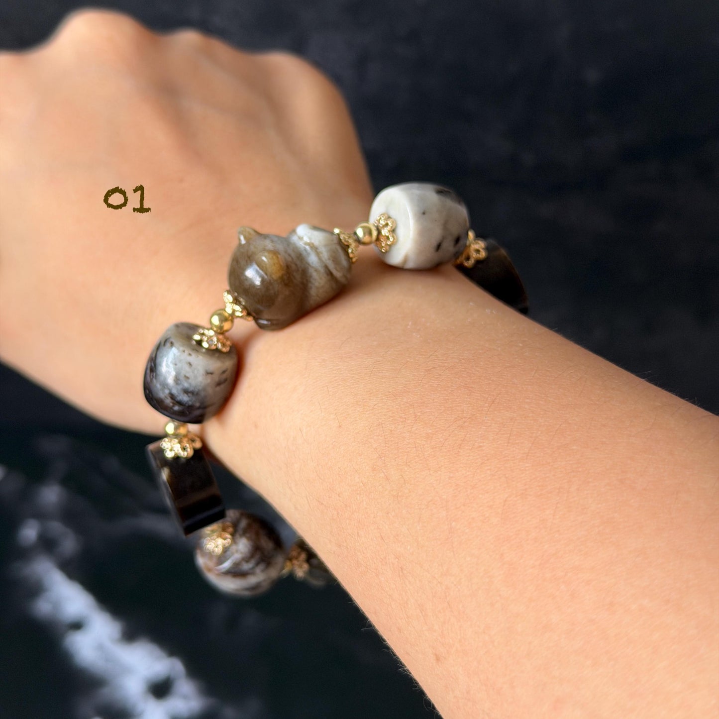 Nephrite Jade Hand Carved Cat Kitten Charm Bracelet | Milk Tea & Cookies Collection | Untreated Natural White Jade Brown Jade Elastic Big Bead Bracelet Chinese Jade Vintage Bracelet Antique Bracelet Gift for her Flexible Bracelet with honey brown jade deep brown jade white jade 14k gold plated accessory nephrite beads bold bracelet irregular beads bracelet tailor made bracelet customized bracelet diy bracelet hand engraved cat carving handcrafted kitten carving cat lover gift