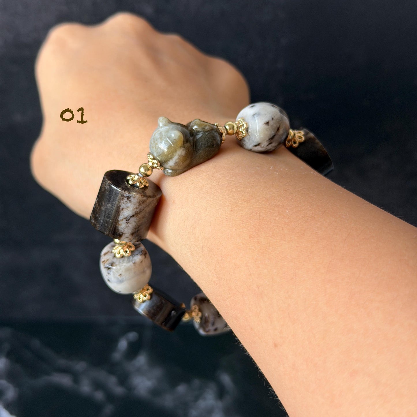 Nephrite Jade Hand Carved Cat Kitten Charm Bracelet | Milk Tea & Cookies Collection | Untreated Natural White Jade Brown Jade Elastic Big Bead Bracelet Chinese Jade Vintage Bracelet Antique Bracelet Gift for her Flexible Bracelet with honey brown jade deep brown jade white jade 14k gold plated accessory nephrite beads bold bracelet irregular beads bracelet tailor made bracelet customized bracelet diy bracelet hand engraved cat carving handcrafted kitten carving cat lover gift