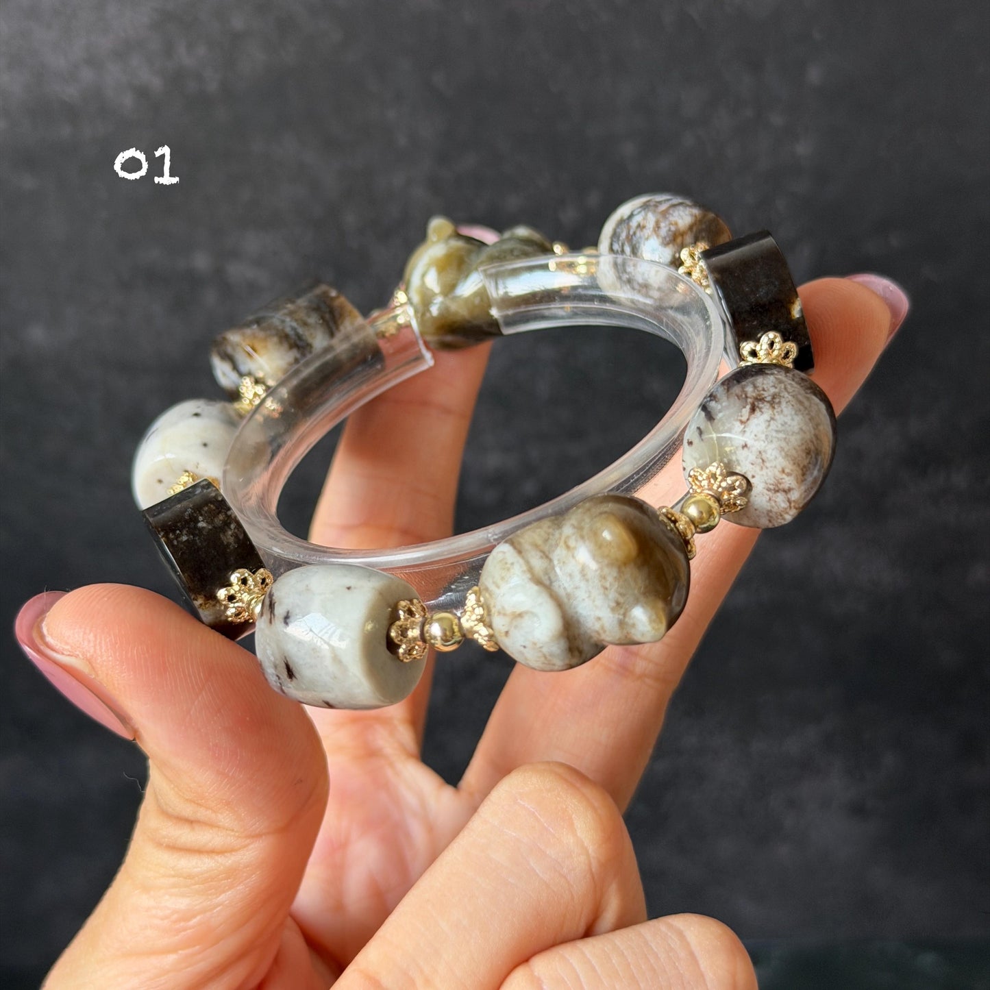 Nephrite Jade Hand Carved Cat Kitten Charm Bracelet | Milk Tea & Cookies Collection | Untreated Natural White Jade Brown Jade Elastic Big Bead Bracelet Chinese Jade Vintage Bracelet Antique Bracelet Gift for her Flexible Bracelet with honey brown jade deep brown jade white jade 14k gold plated accessory nephrite beads bold bracelet irregular beads bracelet tailor made bracelet customized bracelet diy bracelet hand engraved cat carving handcrafted kitten carving cat lover gift