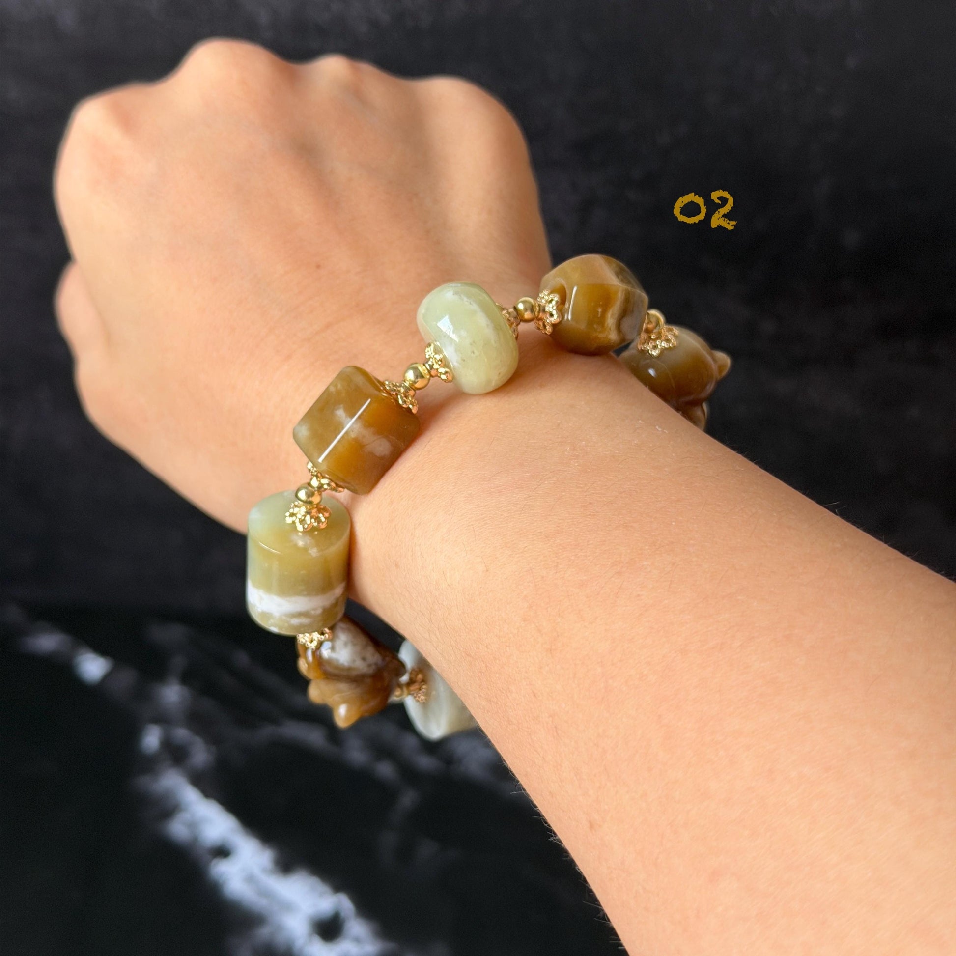 Nephrite Jade Hand Carved Cat Kitten Charm Bracelet | Milk Tea & Cookies Collection | Untreated Natural White Jade Brown Jade Elastic Big Bead Bracelet Chinese Jade Vintage Bracelet Antique Bracelet Gift for her Flexible Bracelet with honey brown jade deep brown jade white jade 14k gold plated accessory nephrite beads bold bracelet irregular beads bracelet tailor made bracelet customized bracelet diy bracelet hand engraved cat carving handcrafted kitten carving cat lover gift