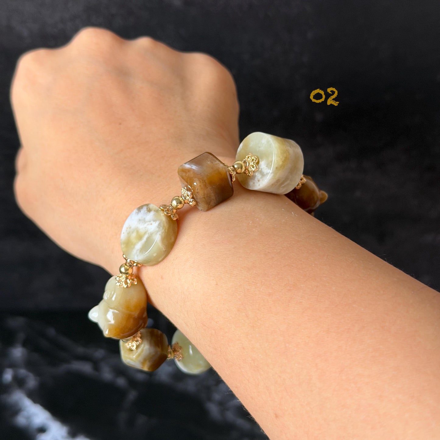 Nephrite Jade Hand Carved Cat Kitten Charm Bracelet | Milk Tea & Cookies Collection | Untreated Natural White Jade Brown Jade Elastic Big Bead Bracelet Chinese Jade Vintage Bracelet Antique Bracelet Gift for her Flexible Bracelet with honey brown jade deep brown jade white jade 14k gold plated accessory nephrite beads bold bracelet irregular beads bracelet tailor made bracelet customized bracelet diy bracelet hand engraved cat carving handcrafted kitten carving cat lover gift