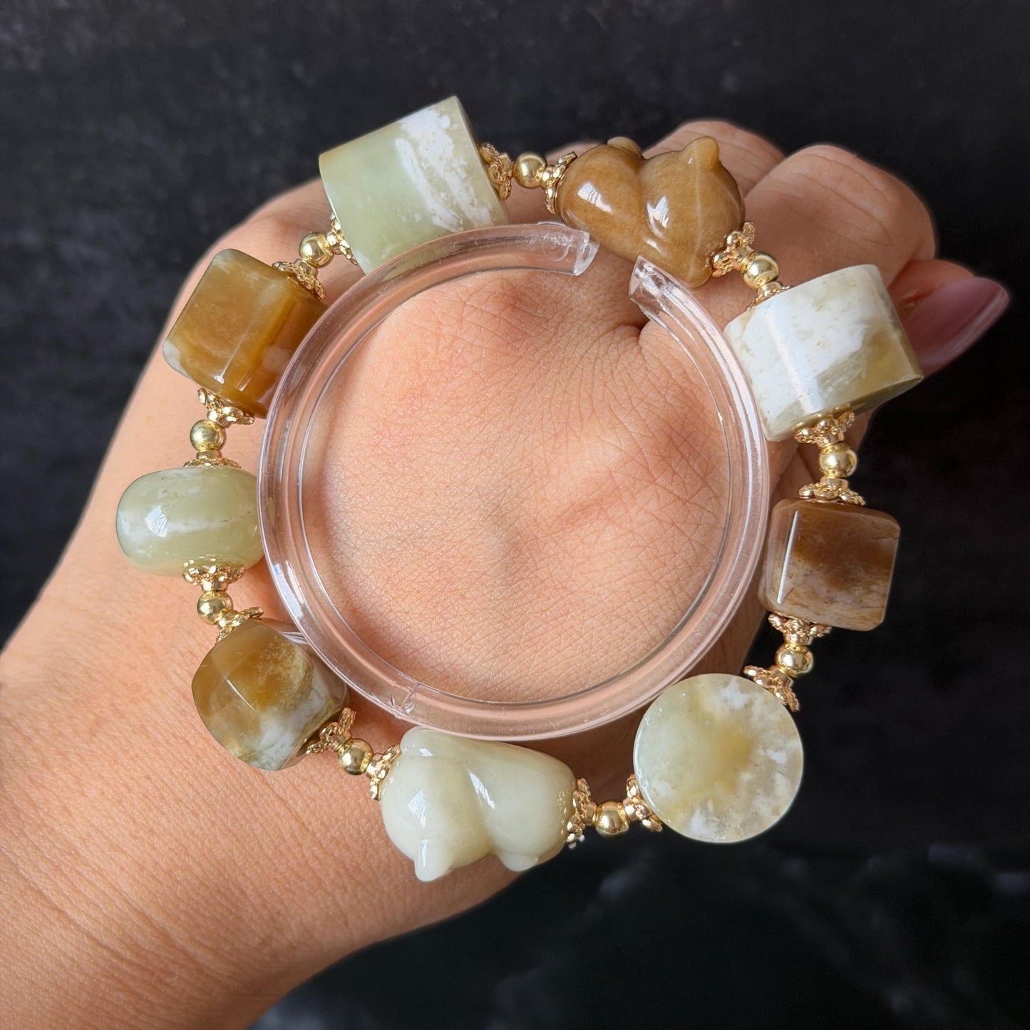 Nephrite Jade Hand Carved Cat Kitten Charm Bracelet | Milk Tea & Cookies Collection | Untreated Natural White Jade Brown Jade Elastic Big Bead Bracelet Chinese Jade Vintage Bracelet Antique Bracelet Gift for her Flexible Bracelet with honey brown jade deep brown jade white jade 14k gold plated accessory nephrite beads bold bracelet irregular beads bracelet tailor made bracelet customized bracelet diy bracelet hand engraved cat carving handcrafted kitten carving cat lover gift