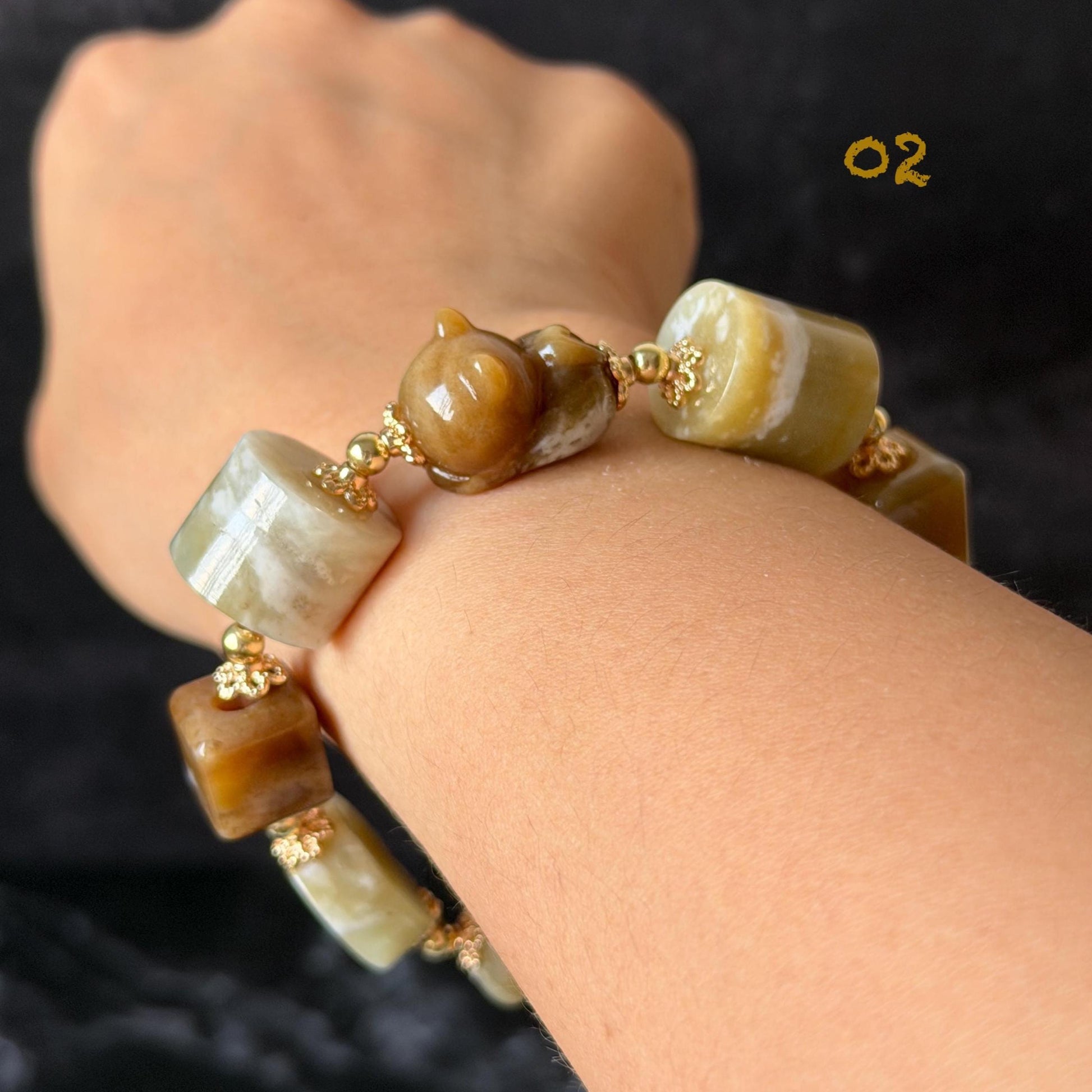 Nephrite Jade Hand Carved Cat Kitten Charm Bracelet | Milk Tea & Cookies Collection | Untreated Natural White Jade Brown Jade Elastic Big Bead Bracelet Chinese Jade Vintage Bracelet Antique Bracelet Gift for her Flexible Bracelet with honey brown jade deep brown jade white jade 14k gold plated accessory nephrite beads bold bracelet irregular beads bracelet tailor made bracelet customized bracelet diy bracelet hand engraved cat carving handcrafted kitten carving cat lover gift