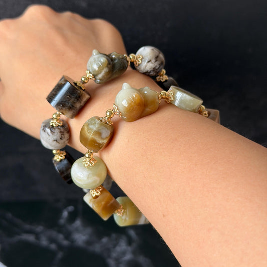 Nephrite Jade Hand Carved Cat Kitten Charm Bracelet | Milk Tea & Cookies Collection | Untreated Natural White Jade Brown Jade Elastic Big Bead Bracelet Chinese Jade Vintage Bracelet Antique Bracelet Gift for her Flexible Bracelet with honey brown jade deep brown jade white jade 14k gold plated accessory nephrite beads bold bracelet irregular beads bracelet tailor made bracelet customized bracelet diy bracelet hand engraved cat carving handcrafted kitten carving cat lover gift