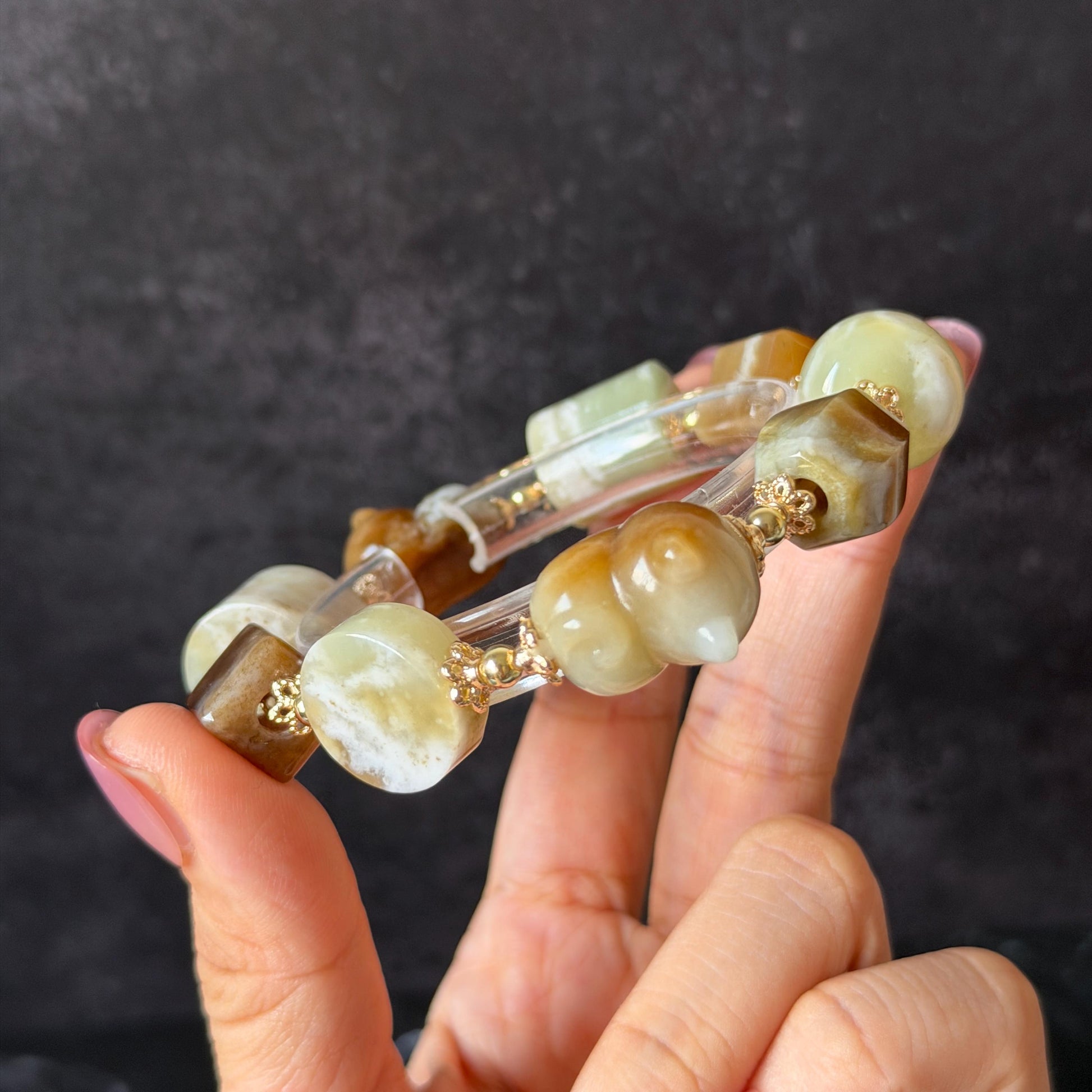 Nephrite Jade Hand Carved Cat Kitten Charm Bracelet | Milk Tea & Cookies | Untreated Natural White Jade Brown Jade Elastic Big Bead Bracelet