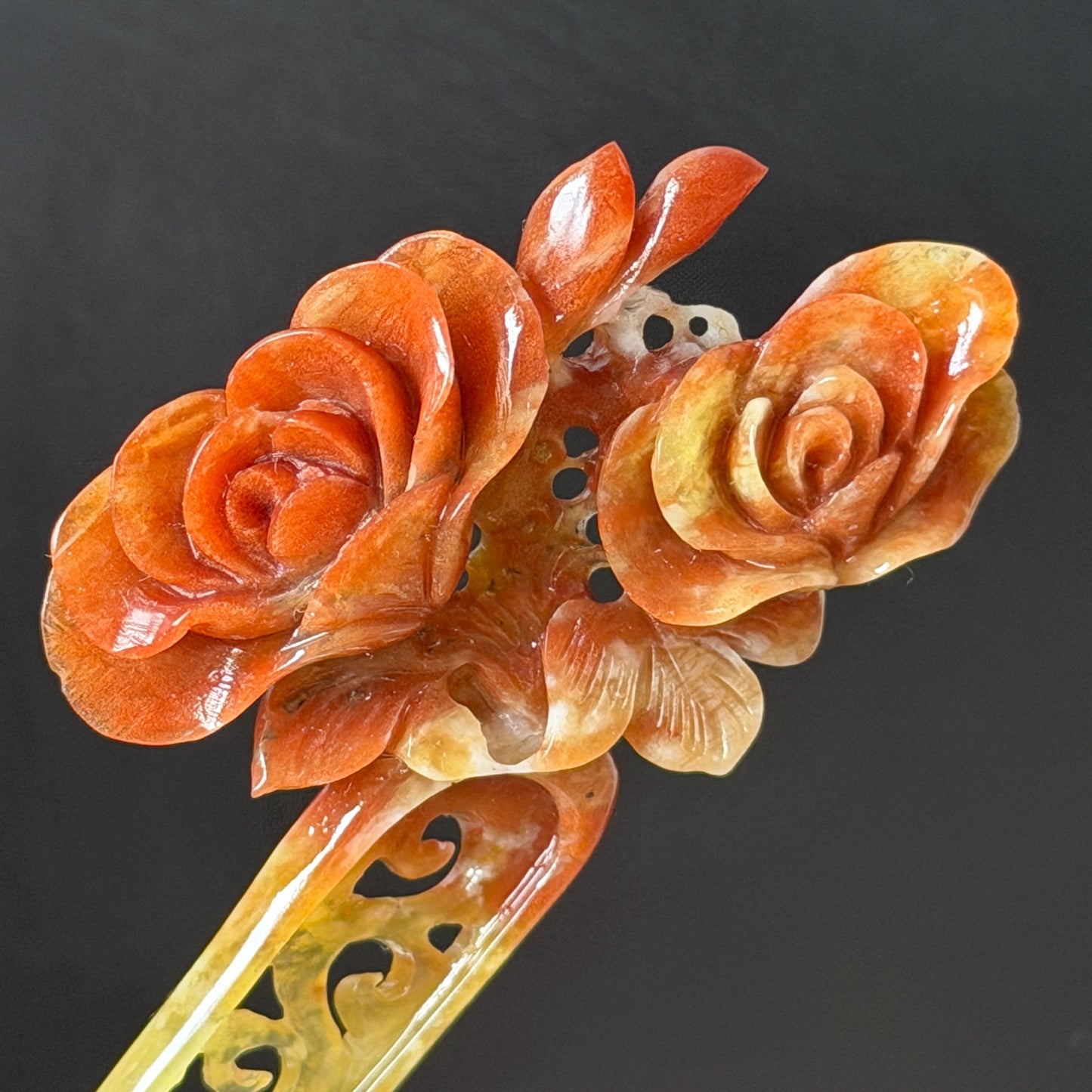 Xiu Jade Serpentine Hand Carved Camellia Flower Hair Stick: Natural Multicolor White Yellow Red Jade Hairpin, Vintage Hanfu Hair Jewelry Gift for her Bridal Shower gift wedding headpiece wedding hair jewelry bridal hair accessories red jade carving yellow jade hand engraved flower handcrafted hair stick japanese hairpins korean hair stick chinese hair comb vintage hair pins antique hair fork hanfu hair pins certified untreated jade multicolor jade bicolor jade flower carving Camellia carving