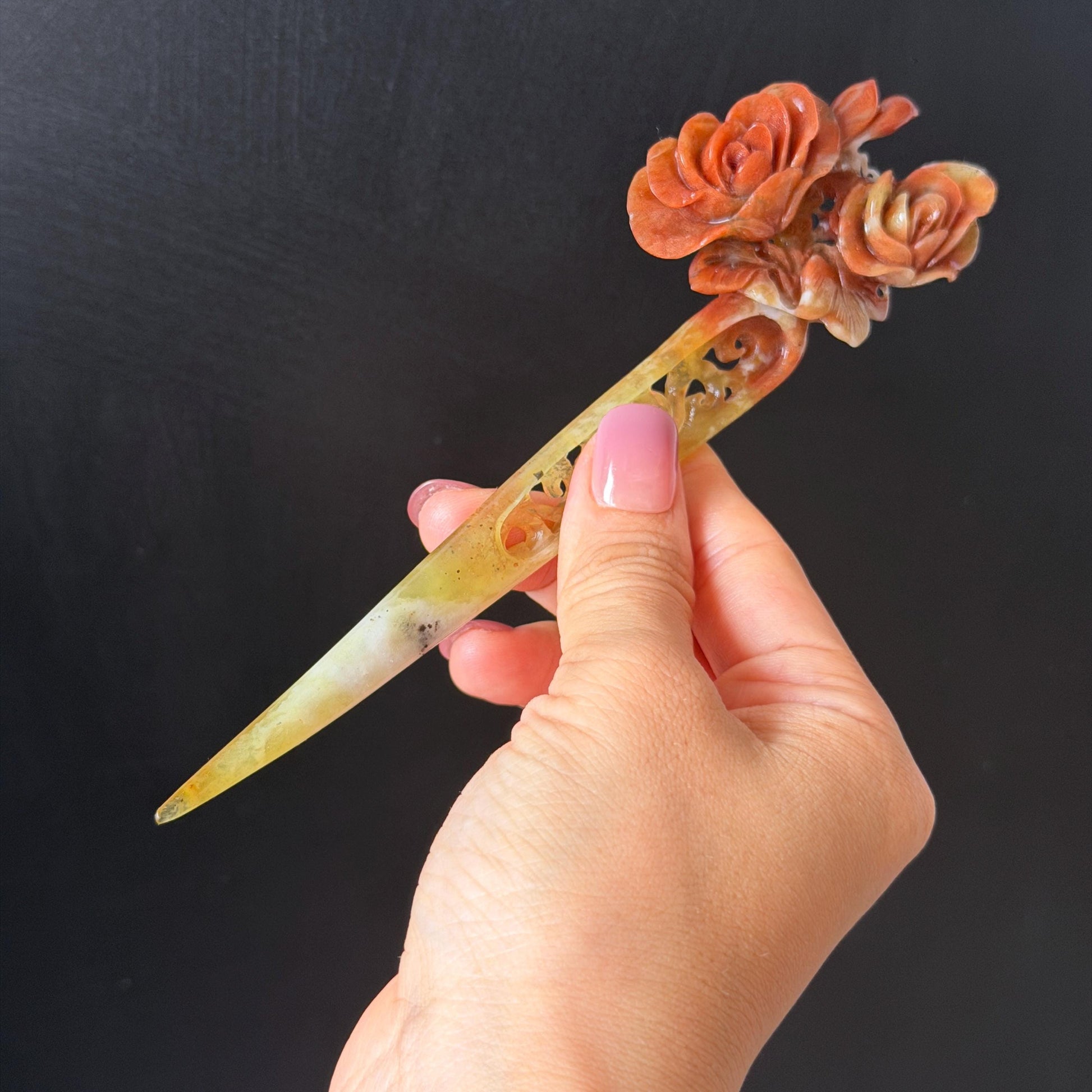 Xiu Jade Serpentine Hand Carved Camellia Flower Hair Stick: Natural Multicolor White Yellow Red Jade Hairpin, Vintage Hanfu Hair Jewelry Gift for her Bridal Shower gift wedding headpiece wedding hair jewelry bridal hair accessories red jade carving yellow jade hand engraved flower handcrafted hair stick japanese hairpins korean hair stick chinese hair comb vintage hair pins antique hair fork hanfu hair pins certified untreated jade multicolor jade bicolor jade flower carving Camellia carving