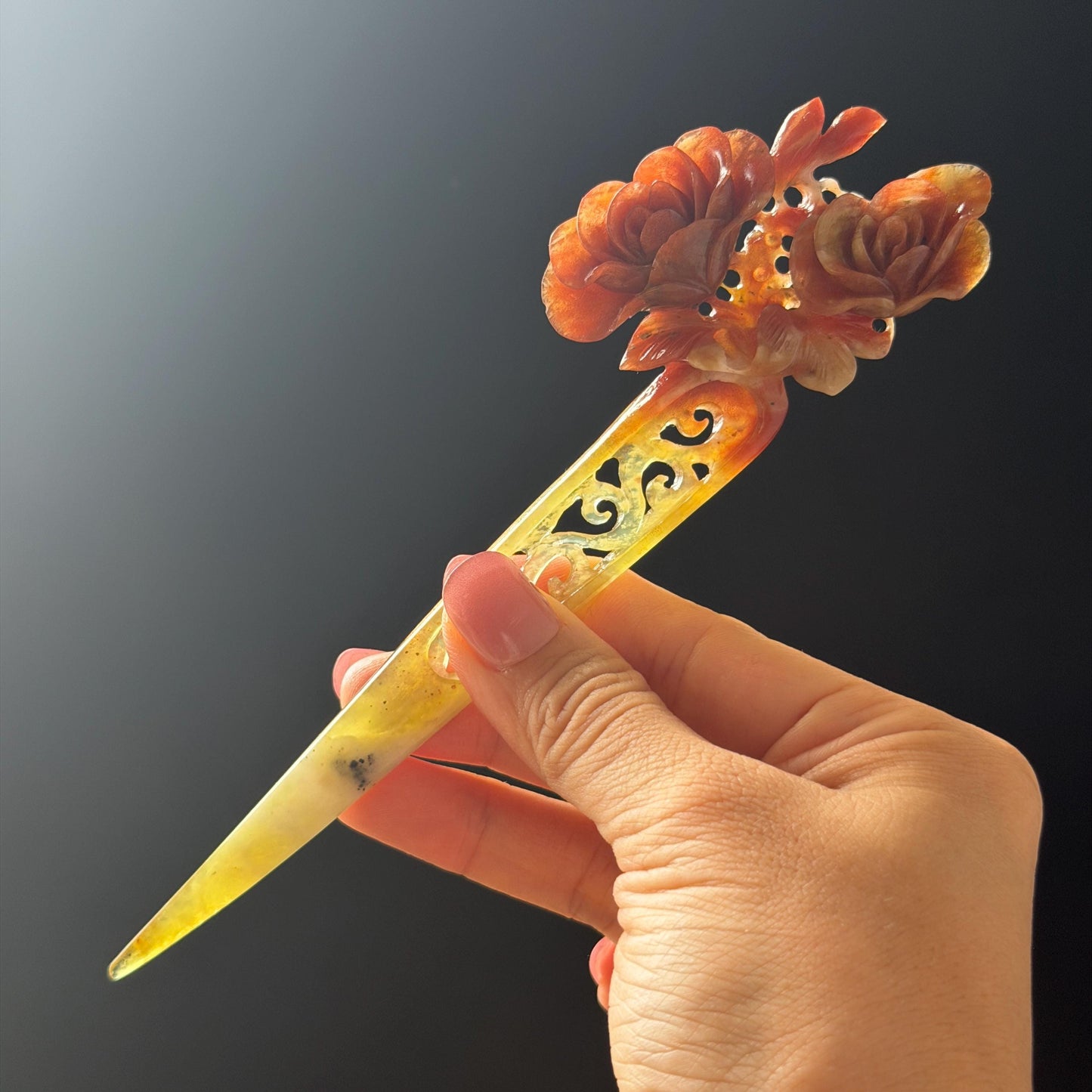 Xiu Jade Serpentine Hand Carved Camellia Flower Hair Stick: Natural Multicolor White Yellow Red Jade Hairpin, Vintage Hanfu Hair Jewelry Gift for her Bridal Shower gift wedding headpiece wedding hair jewelry bridal hair accessories red jade carving yellow jade hand engraved flower handcrafted hair stick japanese hairpins korean hair stick chinese hair comb vintage hair pins antique hair fork hanfu hair pins certified untreated jade multicolor jade bicolor jade flower carving Camellia carving
