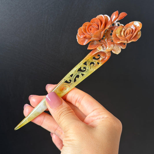 Xiu Jade Serpentine Hand Carved Camellia Flower Hair Stick: Natural Multicolor White Yellow Red Jade Hairpin, Vintage Hanfu Hair Jewelry Gift for her Bridal Shower gift wedding headpiece wedding hair jewelry bridal hair accessories red jade carving yellow jade hand engraved flower handcrafted hair stick japanese hairpins korean hair stick chinese hair comb vintage hair pins antique hair fork hanfu hair pins certified untreated jade multicolor jade bicolor jade flower carving Camellia carving