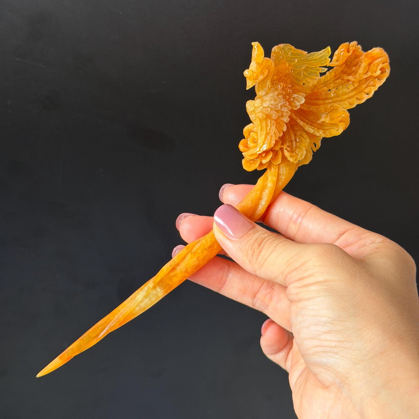 Xiu Jade (Serpentine) Hand Carved Fire Phoenix & Peony Hair Pin: Natural Certified Red Jade Hair Stick | Asian Chinese Vintage Style gift for her hand carved phoenix carving hand engraved phoenix hair stick phoenix carving red phoenix fire phoenix hair fork red jade yellow jade chinese jade with certificate rebirth transformation gift korean hair pin japanese hair stick hair fork hair comb hanfu hair stick peony carving with certificate handcrafted jade phoenix lover gift 3D stone carving