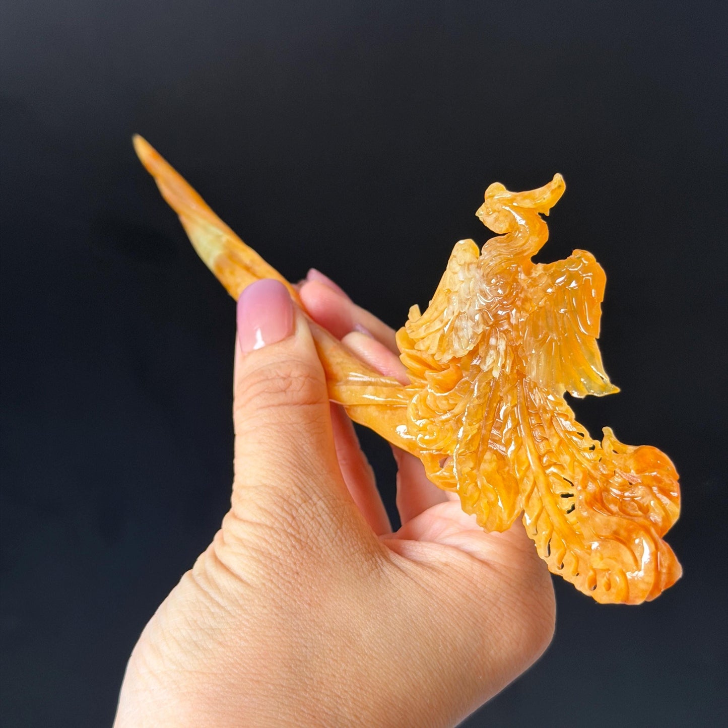 Xiu Jade (Serpentine) Hand Carved Fire Phoenix & Peony Hair Pin: Natural Certified Red Jade Hair Stick | Asian Chinese Vintage Style gift for her hand carved phoenix carving hand engraved phoenix hair stick phoenix carving red phoenix fire phoenix hair fork red jade yellow jade chinese jade with certificate rebirth transformation gift korean hair pin japanese hair stick hair fork hair comb hanfu hair stick peony carving with certificate handcrafted jade phoenix lover gift 3D stone carving