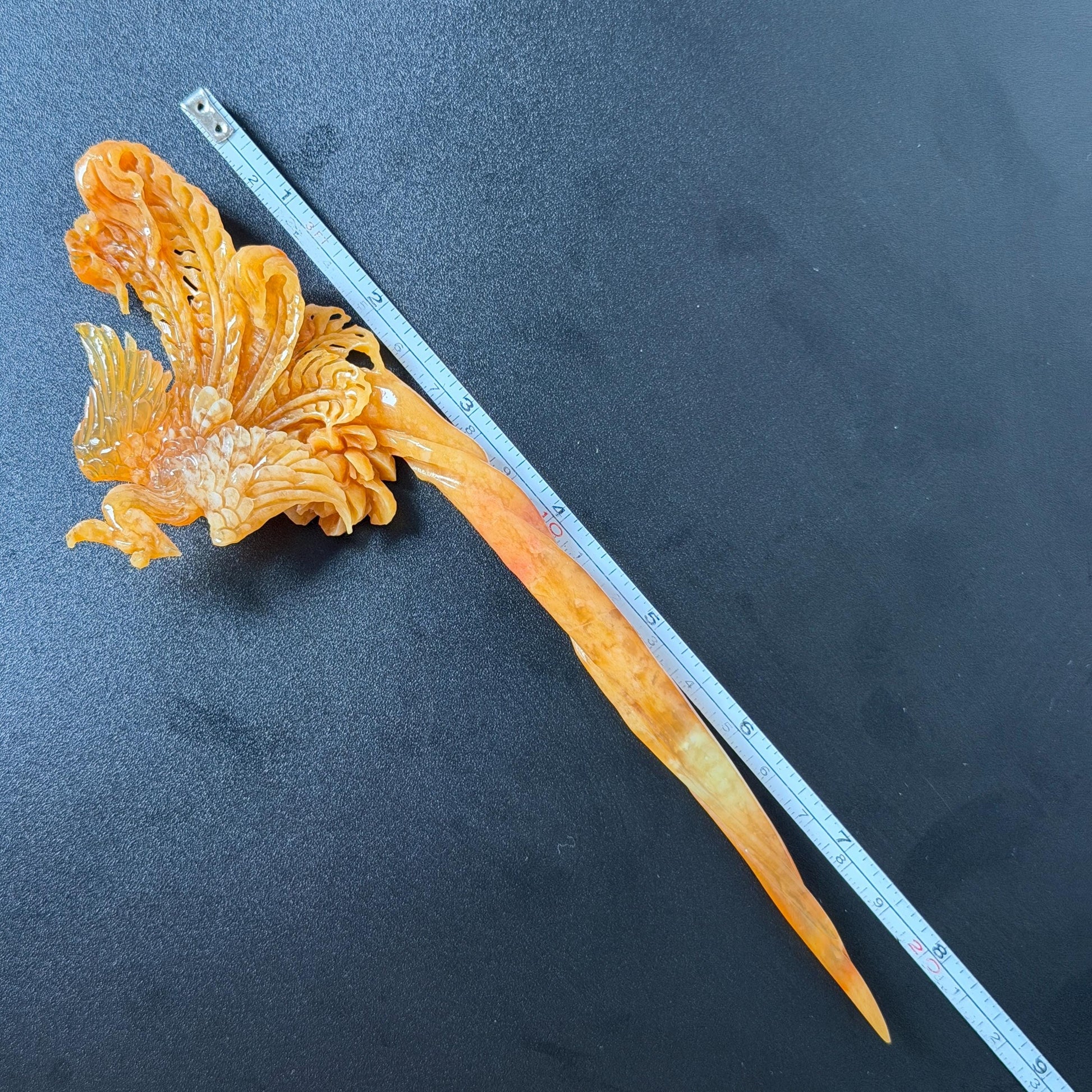 Xiu Jade (Serpentine) Hand Carved Fire Phoenix & Peony Hair Pin: Natural Certified Red Jade Hair Stick | Asian Chinese Vintage Style gift for her hand carved phoenix carving hand engraved phoenix hair stick phoenix carving red phoenix fire phoenix hair fork red jade yellow jade chinese jade with certificate rebirth transformation gift korean hair pin japanese hair stick hair fork hair comb hanfu hair stick peony carving with certificate handcrafted jade phoenix lover gift 3D stone carving