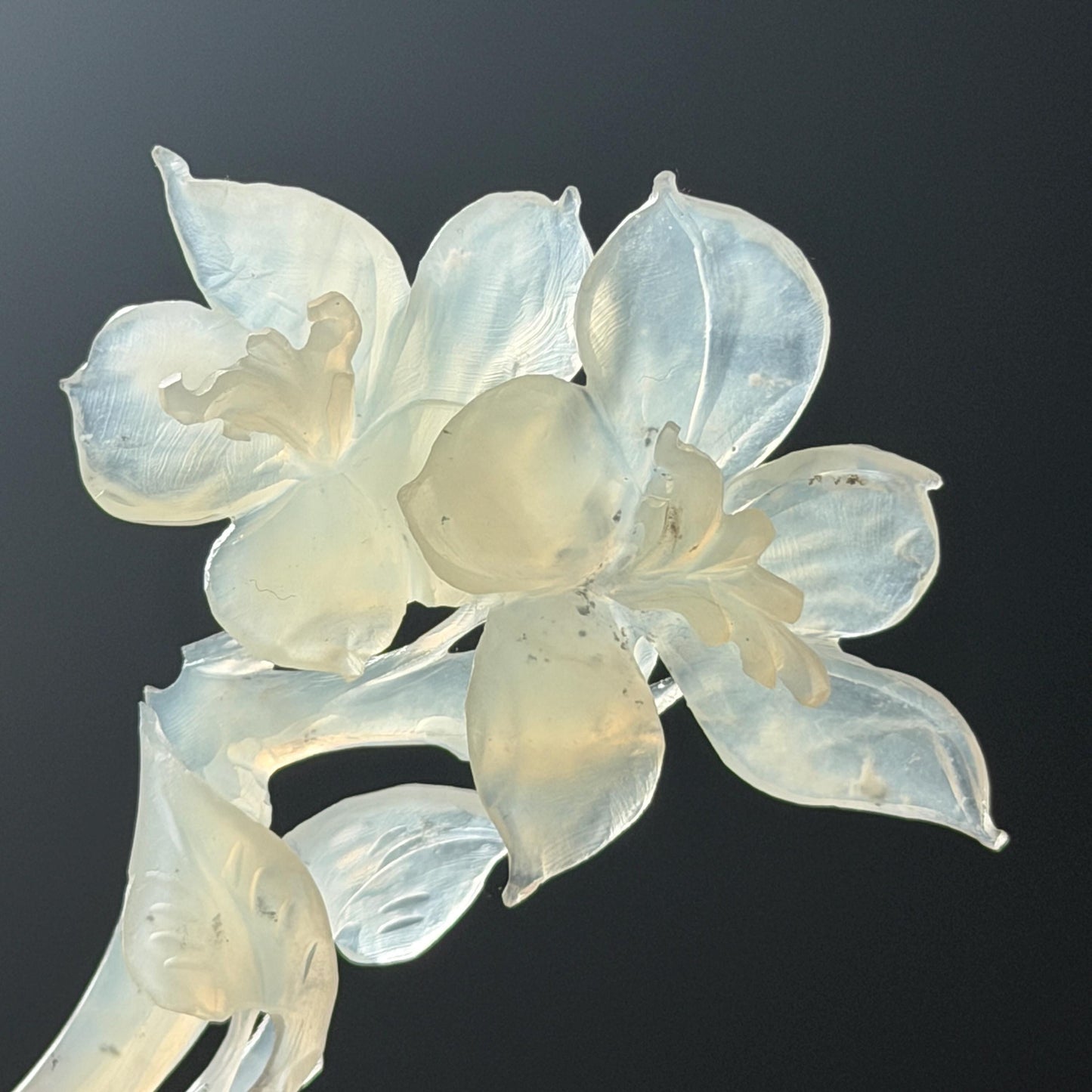 Xiu Jade Serpentine Hand Carved Iris Flower Hair Pin: Natural WHite Jade Handcrafted Crescent Moon Hair Stick 3D Stone Carving Hair Jewelry Bridal Wedding Headpiece gift for her japanese hairpin korean hair stick chinese hair fork vintage hair comb antique hair pins hanfu hair stick bridal shower hair jewelry bridal shower gift engagement hair accessory jade carving hand engraved jade hand carved flower jade hairpins untreated natural jade with certificate handcraft jade moon hairpin