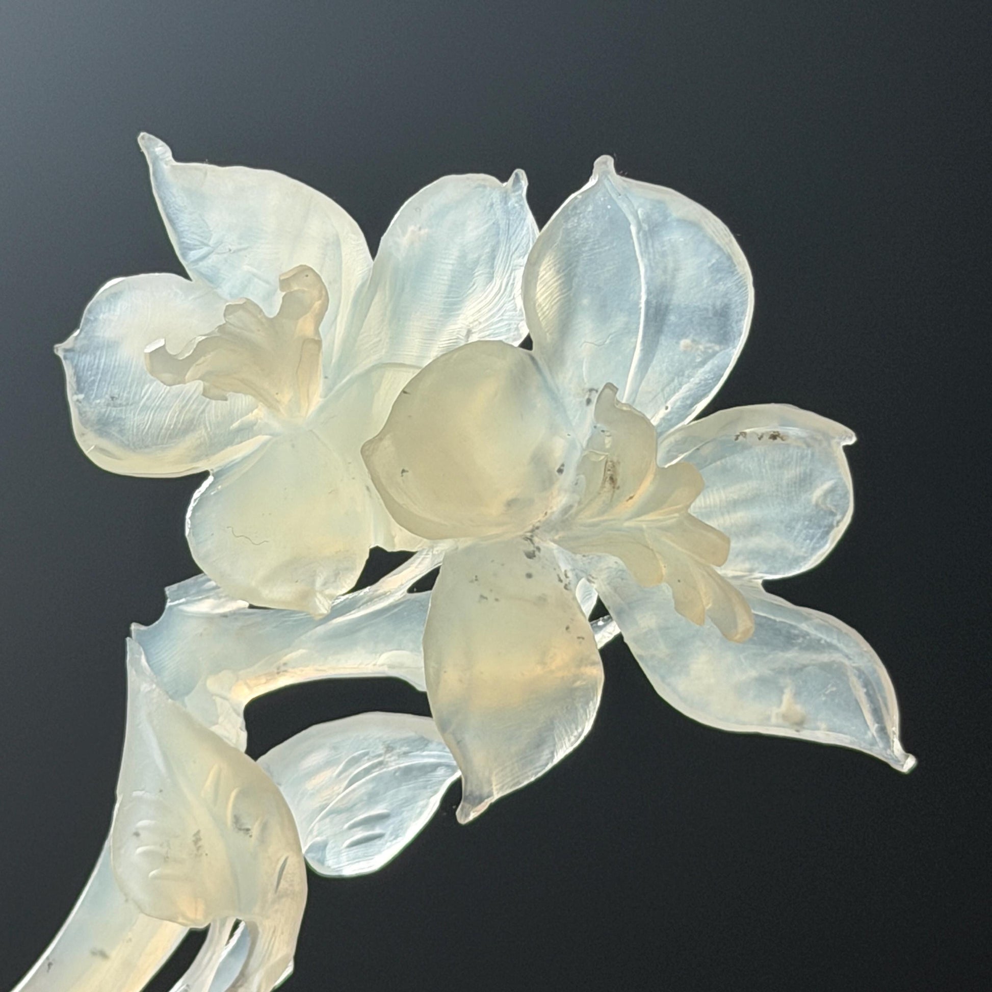 Xiu Jade Serpentine Hand Carved Iris Flower Hair Pin: Natural WHite Jade Handcrafted Crescent Moon Hair Stick 3D Stone Carving Hair Jewelry Bridal Wedding Headpiece gift for her japanese hairpin korean hair stick chinese hair fork vintage hair comb antique hair pins hanfu hair stick bridal shower hair jewelry bridal shower gift engagement hair accessory jade carving hand engraved jade hand carved flower jade hairpins untreated natural jade with certificate handcraft jade moon hairpin
