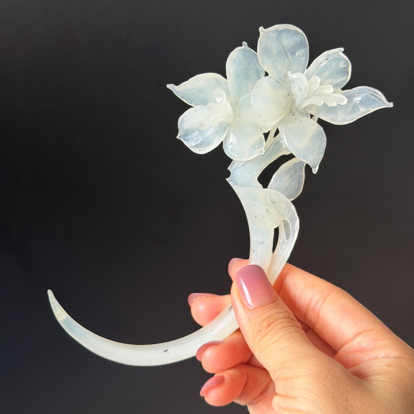Xiu Jade Serpentine Hand Carved Iris Flower Hair Pin: Natural WHite Jade Handcrafted Crescent Moon Hair Stick 3D Stone Carving Hair Jewelry Bridal Wedding Headpiece gift for her japanese hairpin korean hair stick chinese hair fork vintage hair comb antique hair pins hanfu hair stick bridal shower hair jewelry bridal shower gift engagement hair accessory jade carving hand engraved jade hand carved flower jade hairpins untreated natural jade with certificate handcraft jade moon hairpin