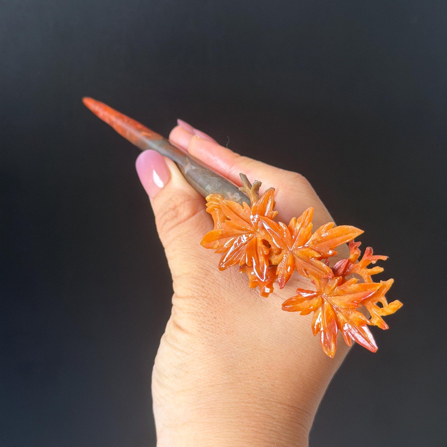 Xiu Jade Serpentine Hand Carved Autume Leaves Maple Hair Stick: Natural Multicolor Brown Red Jade Hairpin Gift for her Bridal Shower gift wedding headpiece wedding hair jewelry bridal hair accessories red jade carving yellow jade hand engraved flower handcrafted hair stick japanese hairpins korean hair stick chinese hair comb vintage hair pins antique hair fork hanfu hair pins certified untreated jade multicolor jade bicolor jade flower carving maple carving 3D stone carving hollow our carving