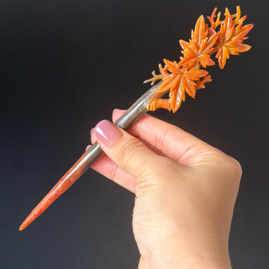 Xiu Jade Serpentine Hand Carved Autume Leaves Maple Hair Stick: Natural Multicolor Brown Red Jade Hairpin Gift for her Bridal Shower gift wedding headpiece wedding hair jewelry bridal hair accessories red jade carving yellow jade hand engraved flower handcrafted hair stick japanese hairpins korean hair stick chinese hair comb vintage hair pins antique hair fork hanfu hair pins certified untreated jade multicolor jade bicolor jade flower carving maple carving 3D stone carving hollow our carving