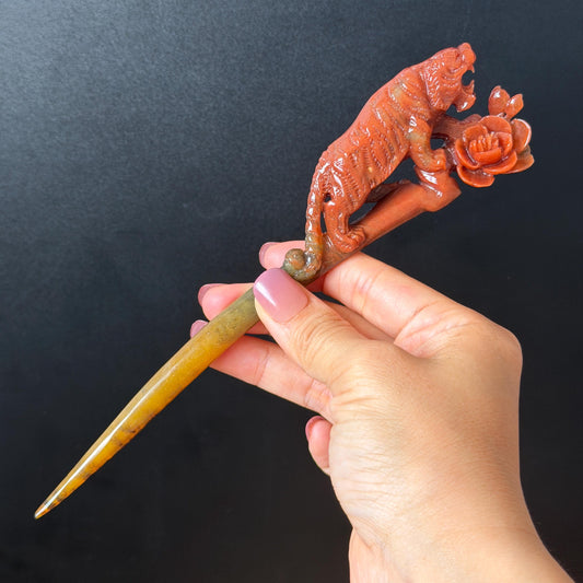 Make to Order! Xiu Jade (Serpentine) Hand Carved Tiger & Rose Hair Pin: Certified Natural Handcrafted Red Jade Hair Stick 3D Stone Carving