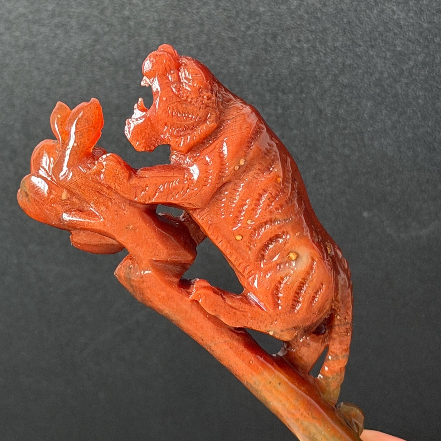 Make to Order! Xiu Jade (Serpentine) Hand Carved Tiger & Rose Hair Pin: Certified Natural Handcrafted Red Jade Hair Stick 3D Stone Carving