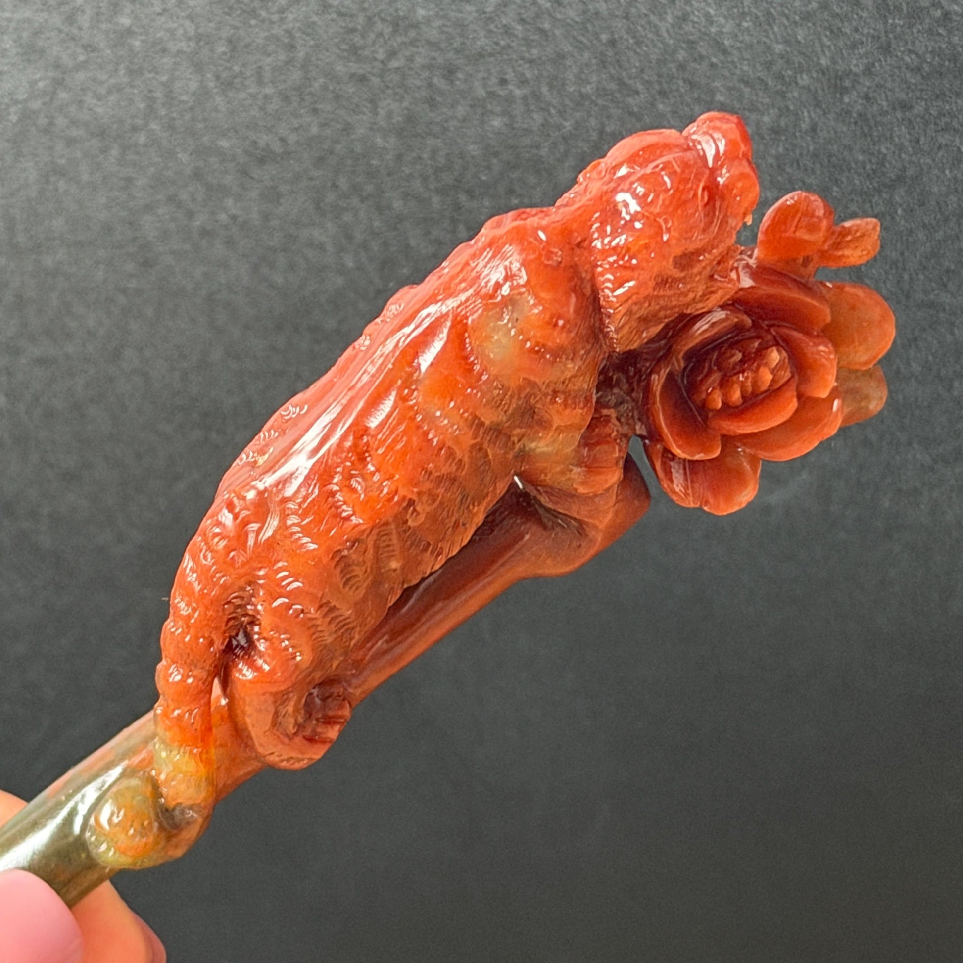 Make to Order! Xiu Jade (Serpentine) Hand Carved Tiger & Rose Hair Pin: Certified Natural Handcrafted Red Jade Hair Stick 3D Stone Carving