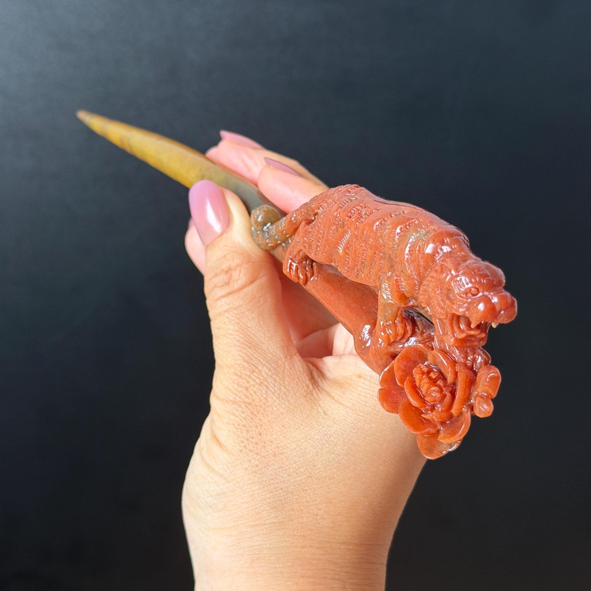 Make to Order! Xiu Jade (Serpentine) Hand Carved Tiger & Rose Hair Pin: Certified Natural Handcrafted Red Jade Hair Stick 3D Stone Carving