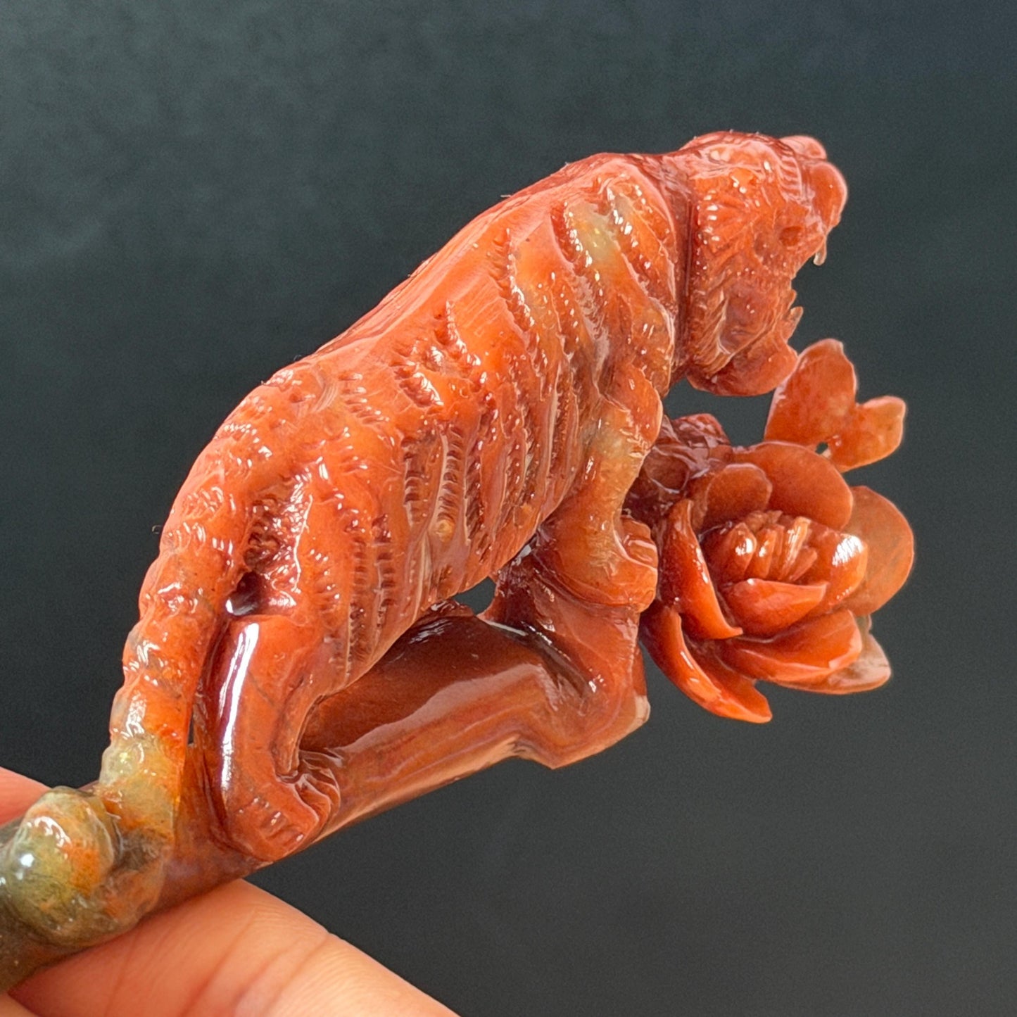 Make to Order! Xiu Jade (Serpentine) Hand Carved Tiger & Rose Hair Pin: Certified Natural Handcrafted Red Jade Hair Stick 3D Stone Carving