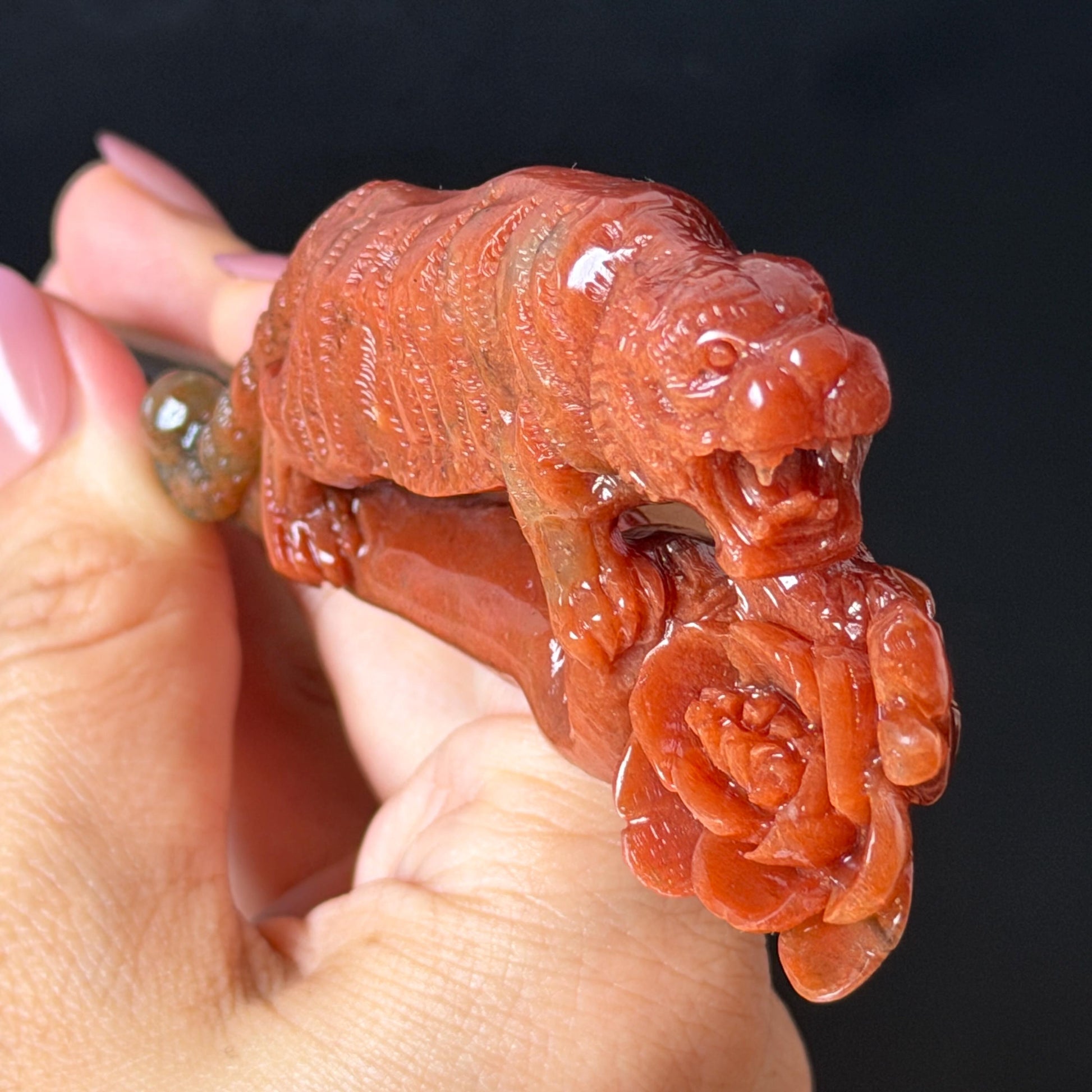 Make to Order! Xiu Jade (Serpentine) Hand Carved Tiger & Rose Hair Pin: Certified Natural Handcrafted Red Jade Hair Stick 3D Stone Carving