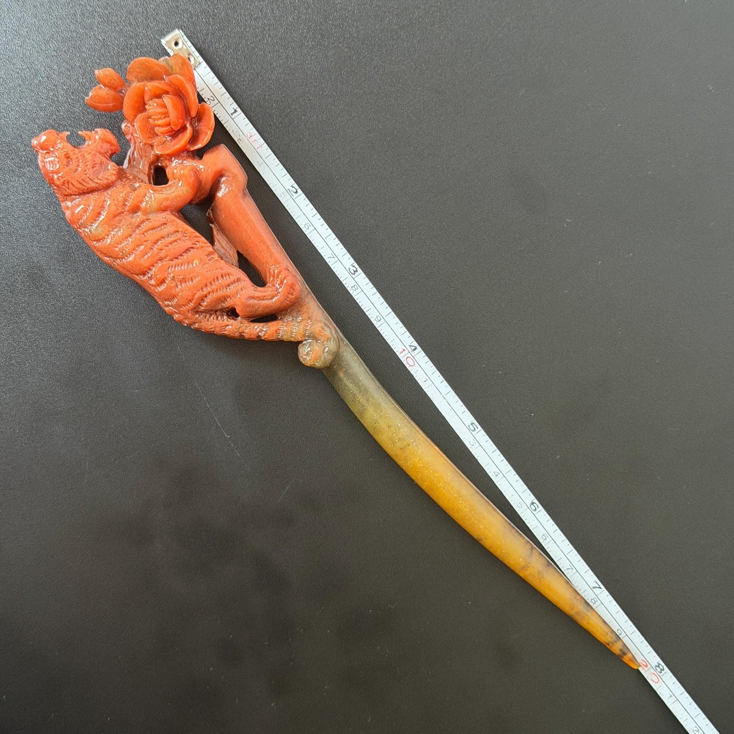 Make to Order! Xiu Jade (Serpentine) Hand Carved Tiger & Rose Hair Pin: Certified Natural Handcrafted Red Jade Hair Stick 3D Stone Carving