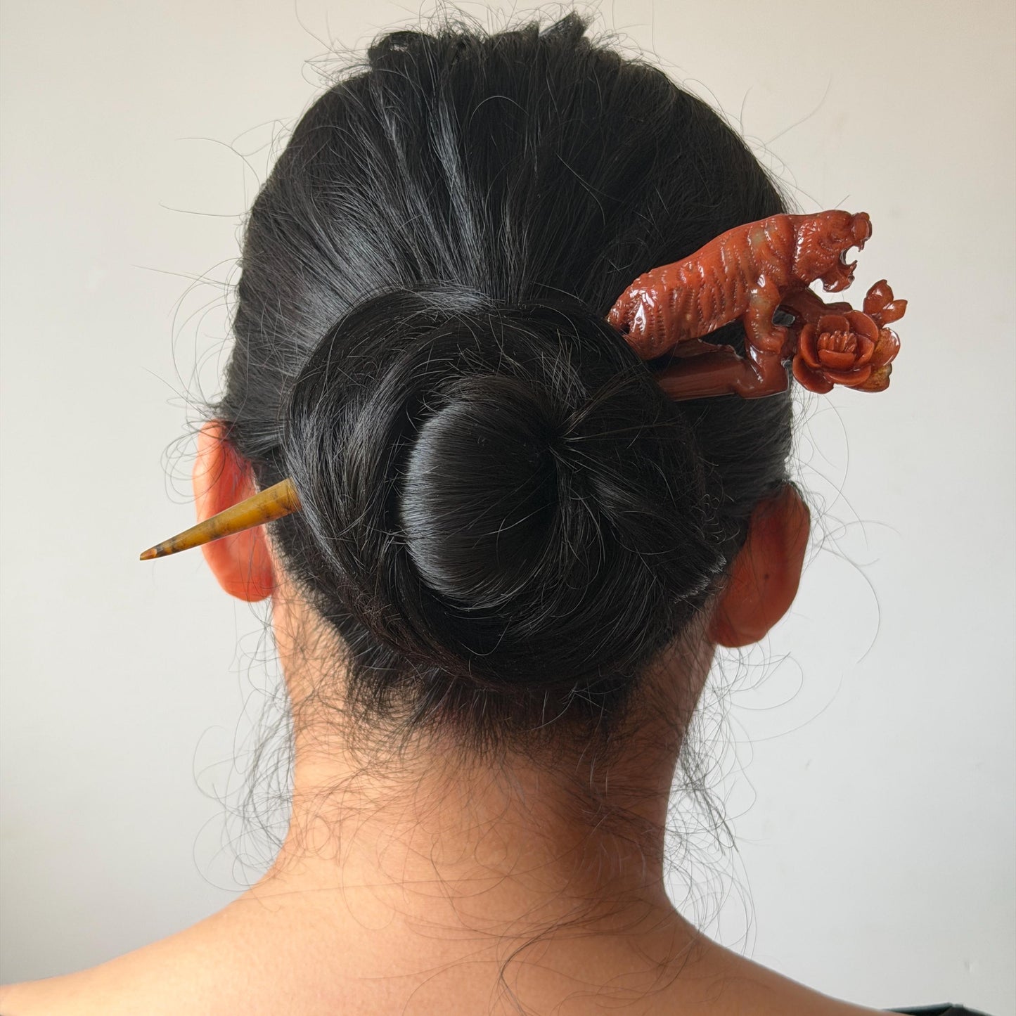 Make to Order! Xiu Jade (Serpentine) Hand Carved Tiger & Rose Hair Pin: Certified Natural Handcrafted Red Jade Hair Stick 3D Stone Carving
