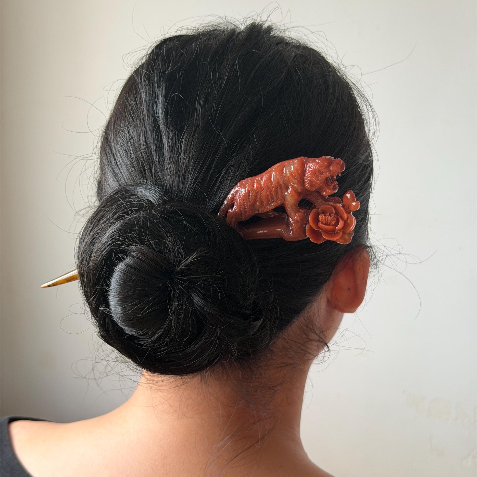 Make to Order! Xiu Jade (Serpentine) Hand Carved Tiger & Rose Hair Pin: Certified Natural Handcrafted Red Jade Hair Stick 3D Stone Carving