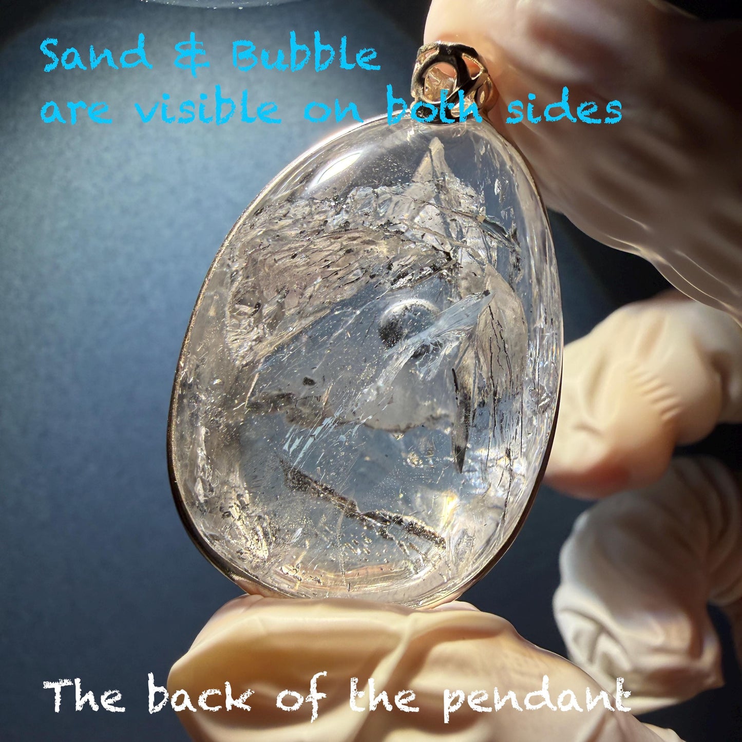 Rare Found! Polished Enhydro Quartz (Herkimer Diamond) S925 Silver Cabochon Waterdrop Pendant Adjustable Necklace: Moving Black & White Sand with Bubble Inclusion Crystal | Natural Gemstone Birthstone Gift for her Birthstone enhydro quartz sand water-fall choker gemstone charm stone pendant choker polished stone pendant crystal charm birthstone men necklace chakra crystal shifting clear bubble minerals specimen adjustable choker mica quartz mica flakes S925 silver pendant inclusion quartz