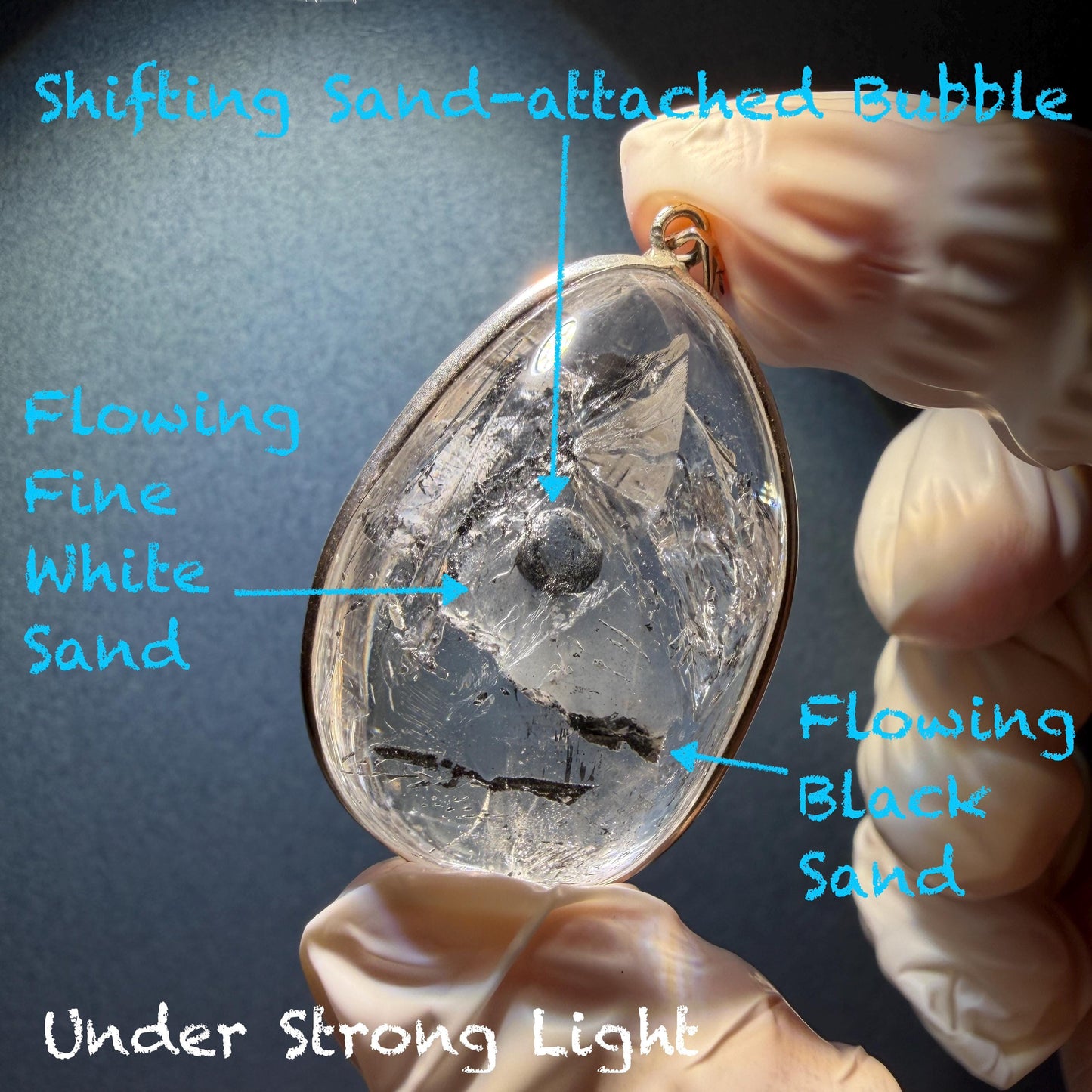 Rare Found! Polished Enhydro Quartz (Herkimer Diamond) S925 Silver Cabochon Waterdrop Pendant Adjustable Necklace: Moving Black & White Sand with Bubble Inclusion Crystal | Natural Gemstone Birthstone Gift for her Birthstone enhydro quartz sand water-fall choker gemstone charm stone pendant choker polished stone pendant crystal charm birthstone men necklace chakra crystal shifting clear bubble minerals specimen adjustable choker mica quartz mica flakes S925 silver pendant inclusion quartz