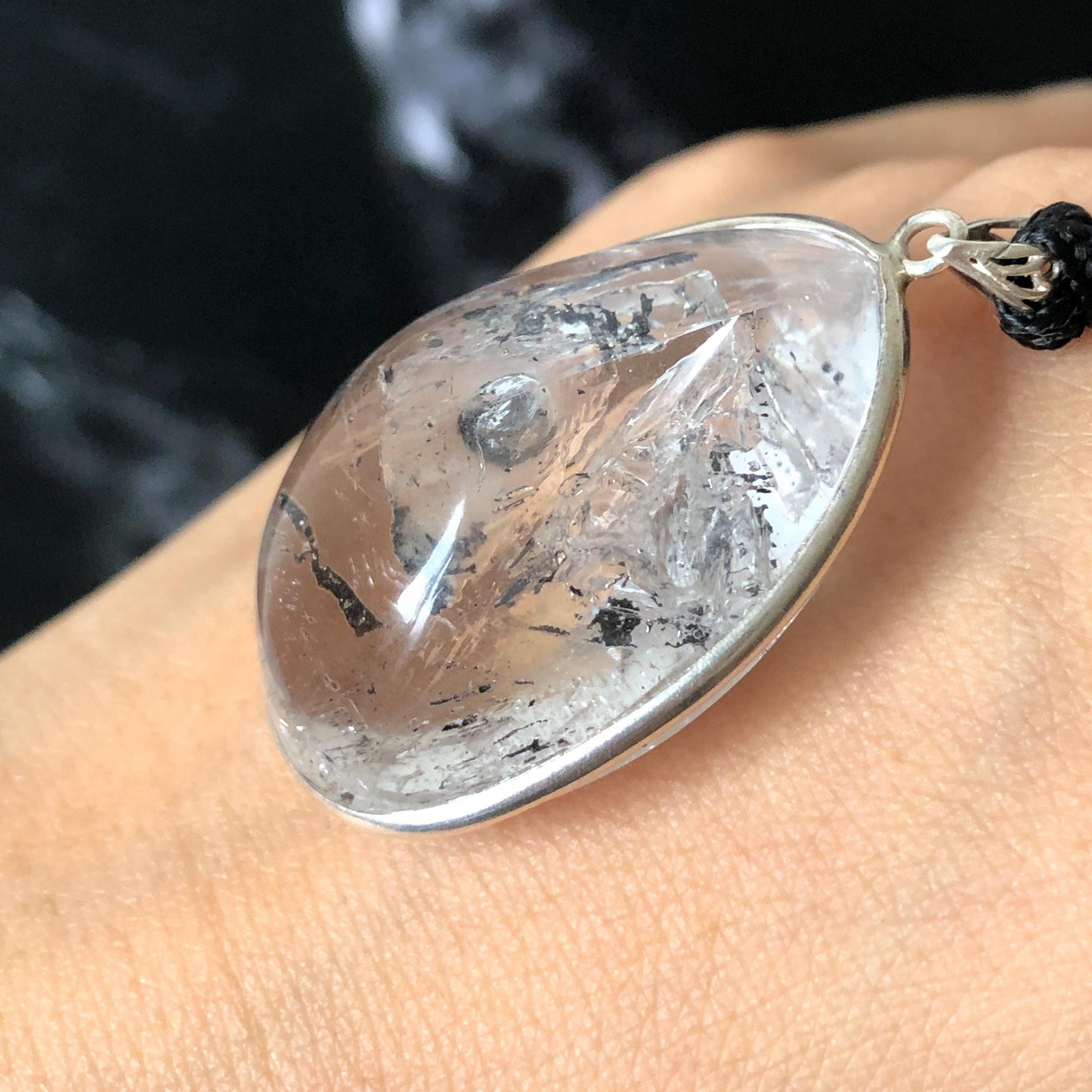 Rare Found! Polished Enhydro Quartz (Herkimer Diamond) S925 Silver Cabochon Waterdrop Pendant Adjustable Necklace: Moving Black & White Sand with Bubble Inclusion Crystal | Natural Gemstone Birthstone Gift for her Birthstone enhydro quartz sand water-fall choker gemstone charm stone pendant choker polished stone pendant crystal charm birthstone men necklace chakra crystal shifting clear bubble minerals specimen adjustable choker mica quartz mica flakes S925 silver pendant inclusion quartz