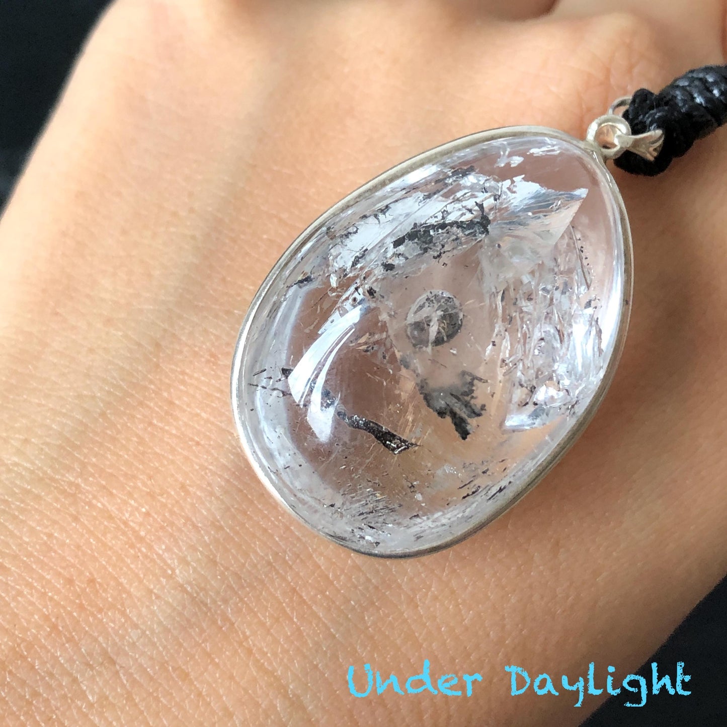 Rare Found! Polished Enhydro Quartz (Herkimer Diamond) S925 Silver Cabochon Waterdrop Pendant Adjustable Necklace: Moving Black & White Sand with Bubble Inclusion Crystal | Natural Gemstone Birthstone Gift for her Birthstone enhydro quartz sand water-fall choker gemstone charm stone pendant choker polished stone pendant crystal charm birthstone men necklace chakra crystal shifting clear bubble minerals specimen adjustable choker mica quartz mica flakes S925 silver pendant inclusion quartz