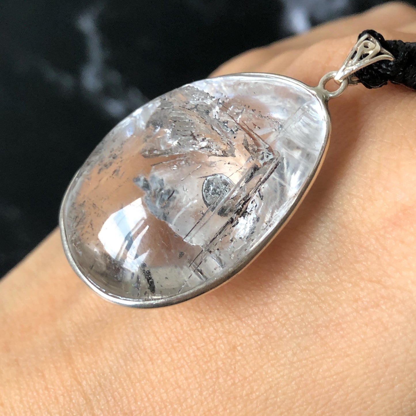Rare Found! Polished Enhydro Quartz (Herkimer Diamond) S925 Silver Cabochon Waterdrop Pendant Adjustable Necklace: Moving Black & White Sand with Bubble Inclusion Crystal | Natural Gemstone Birthstone Gift for her Birthstone enhydro quartz sand water-fall choker gemstone charm stone pendant choker polished stone pendant crystal charm birthstone men necklace chakra crystal shifting clear bubble minerals specimen adjustable choker mica quartz mica flakes S925 silver pendant inclusion quartz