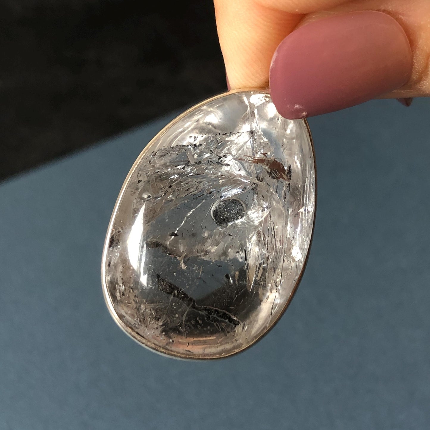 Rare Found! Polished Enhydro Quartz (Herkimer Diamond) S925 Silver Cabochon Waterdrop Pendant Adjustable Necklace: Moving Black & White Sand with Bubble Inclusion Crystal | Natural Gemstone Birthstone Gift for her Birthstone enhydro quartz sand water-fall choker gemstone charm stone pendant choker polished stone pendant crystal charm birthstone men necklace chakra crystal shifting clear bubble minerals specimen adjustable choker mica quartz mica flakes S925 silver pendant inclusion quartz