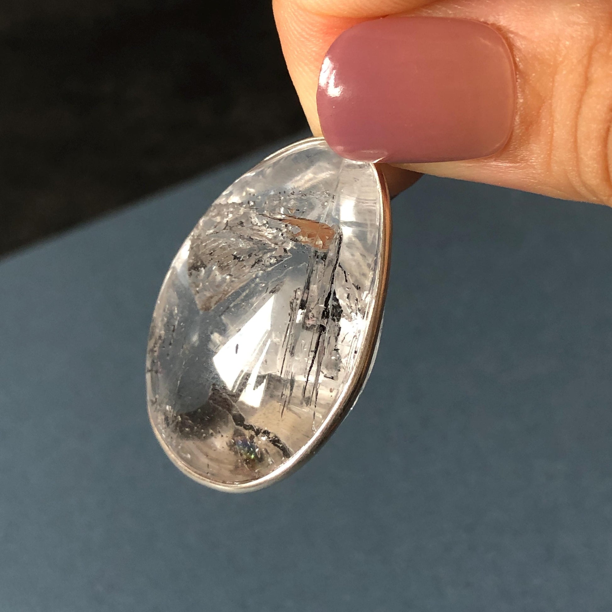 Rare Found! Polished Enhydro Quartz (Herkimer Diamond) S925 Silver Cabochon Waterdrop Pendant Adjustable Necklace: Moving Black & White Sand with Bubble Inclusion Crystal | Natural Gemstone Birthstone Gift for her Birthstone enhydro quartz sand water-fall choker gemstone charm stone pendant choker polished stone pendant crystal charm birthstone men necklace chakra crystal shifting clear bubble minerals specimen adjustable choker mica quartz mica flakes S925 silver pendant inclusion quartz