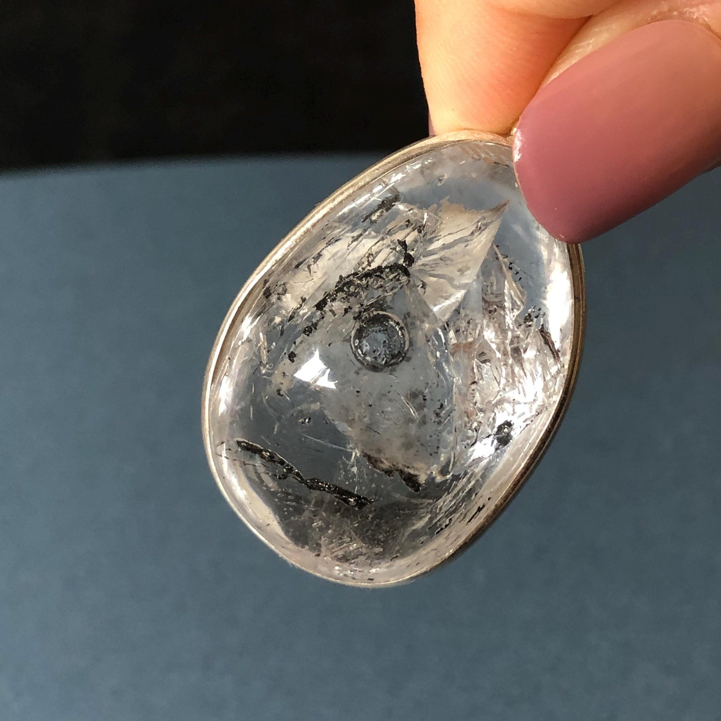 Rare Found! Polished Enhydro Quartz (Herkimer Diamond) S925 Silver Cabochon Waterdrop Pendant Adjustable Necklace: Moving Black & White Sand with Bubble Inclusion Crystal | Natural Gemstone Birthstone Gift for her Birthstone enhydro quartz sand water-fall choker gemstone charm stone pendant choker polished stone pendant crystal charm birthstone men necklace chakra crystal shifting clear bubble minerals specimen adjustable choker mica quartz mica flakes S925 silver pendant inclusion quartz