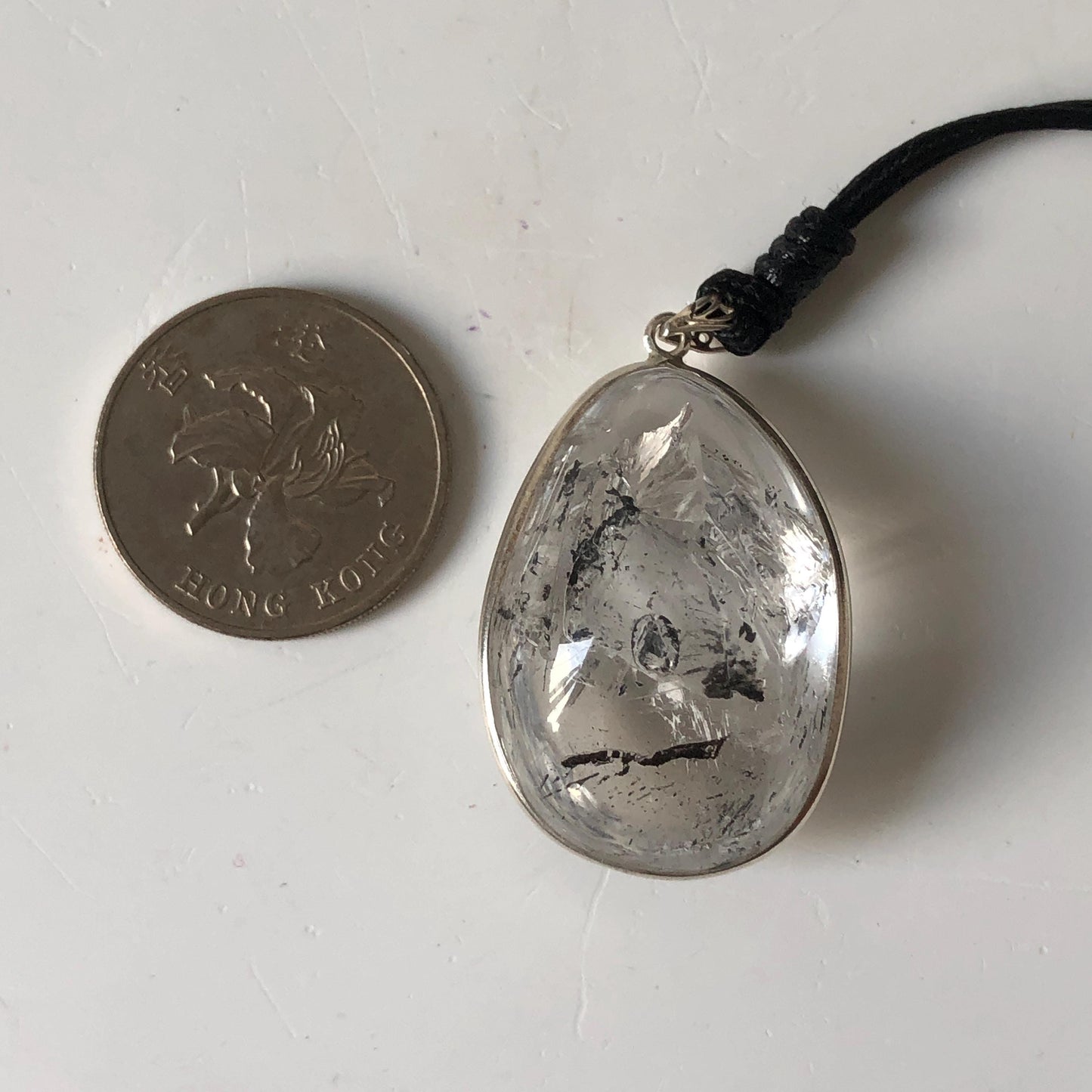 Rare Found! Polished Enhydro Quartz (Herkimer Diamond) S925 Silver Cabochon Waterdrop Pendant Adjustable Necklace: Moving Black & White Sand with Bubble Inclusion Crystal | Natural Gemstone Birthstone Gift for her Birthstone enhydro quartz sand water-fall choker gemstone charm stone pendant choker polished stone pendant crystal charm birthstone men necklace chakra crystal shifting clear bubble minerals specimen adjustable choker mica quartz mica flakes S925 silver pendant inclusion quartz