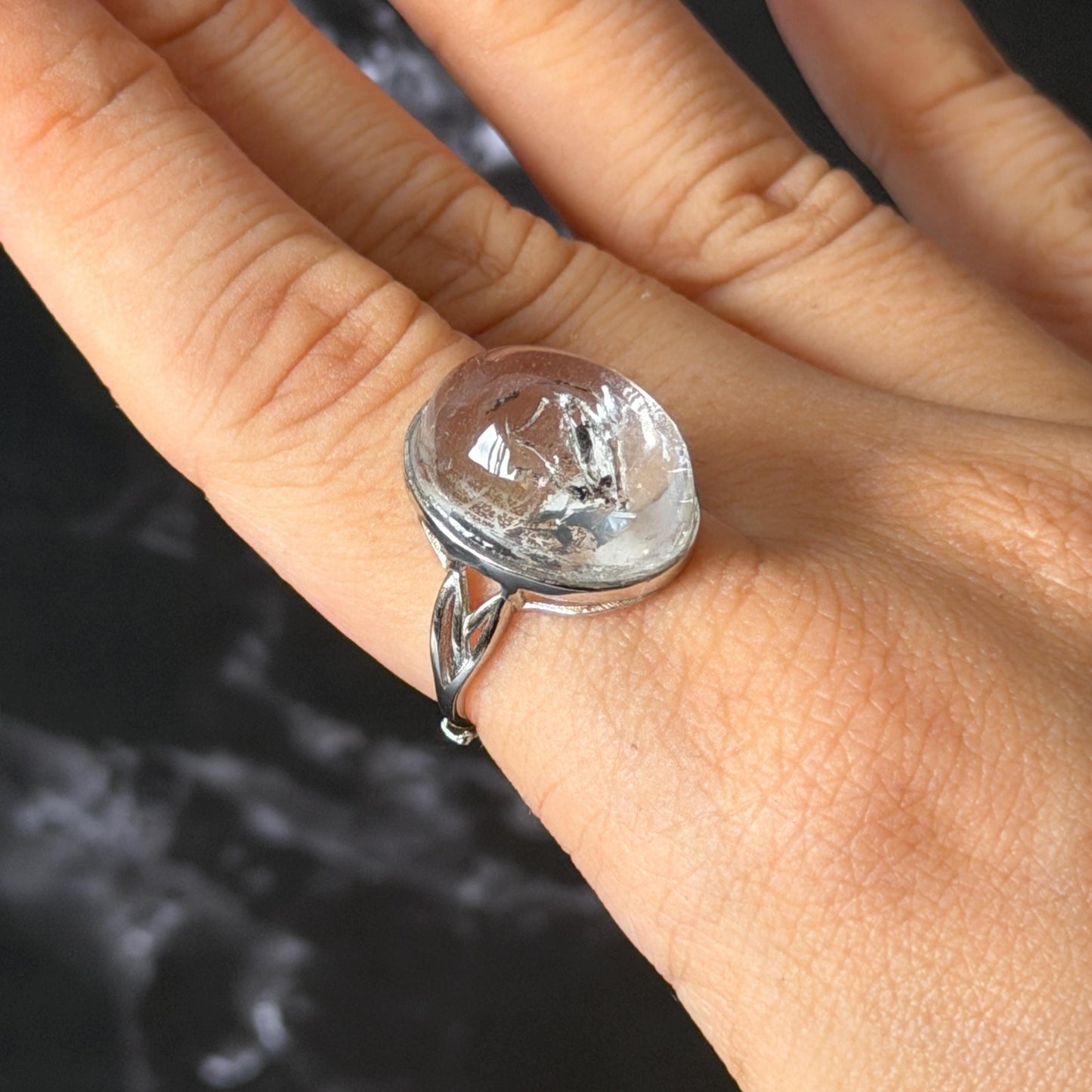 Rare Polished Enhydro Quartz (Herkimer Diamond) s925 Silver Adjustable Ring: Rainbow! Flowing Black Mica and Shifting Bubble Inclusion Crystal Statement Ring for Women ring crystal band ring cocktail ring crystal stackable ring 7 chakra crystal ring meditation crystal healing stone birthstone silver ring ring for men rainbow quartz inclusion quartz inclusion crystal minerals specimen silver ring free size ring adjustable ring holder rain quartz enhydro crystal inclusion crystal inclusion quartz