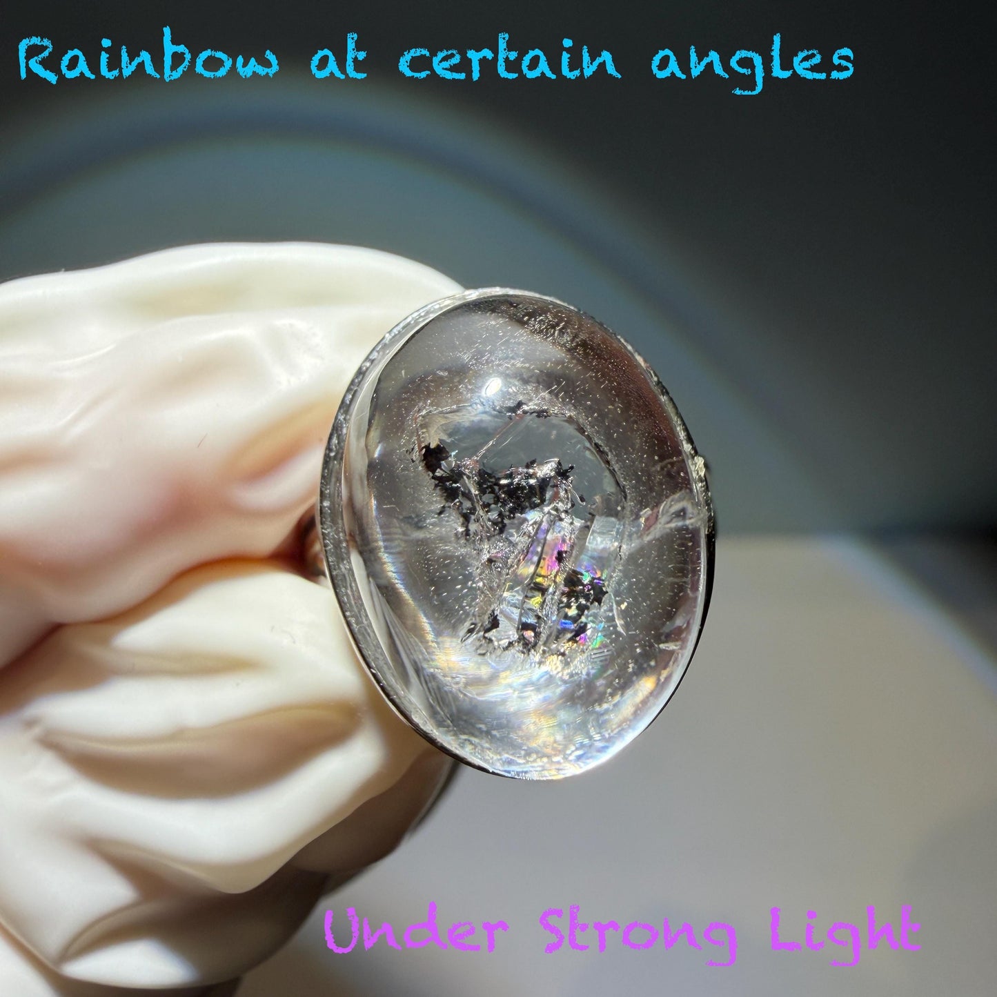 Rare Polished Enhydro Quartz (Herkimer Diamond) s925 Silver Adjustable Ring: Rainbow! Flowing Black Mica and Shifting Bubble Inclusion Crystal Statement Ring for Women ring crystal band ring cocktail ring crystal stackable ring 7 chakra crystal ring meditation crystal healing stone birthstone silver ring ring for men rainbow quartz inclusion quartz inclusion crystal minerals specimen silver ring free size ring adjustable ring holder rain quartz enhydro crystal inclusion crystal inclusion quartz
